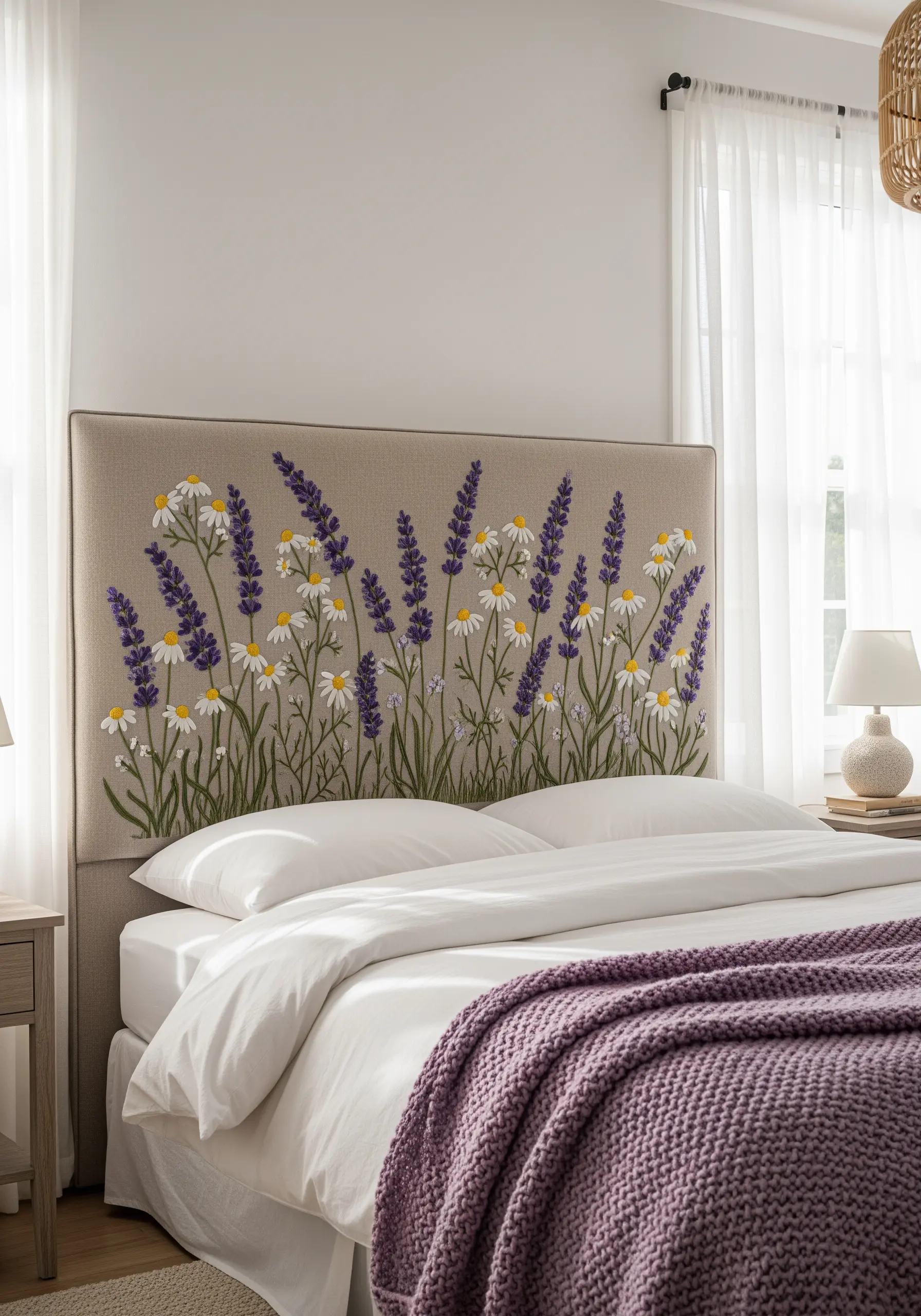 Close-up of a linen headboard embroidered with lavender and daisies.