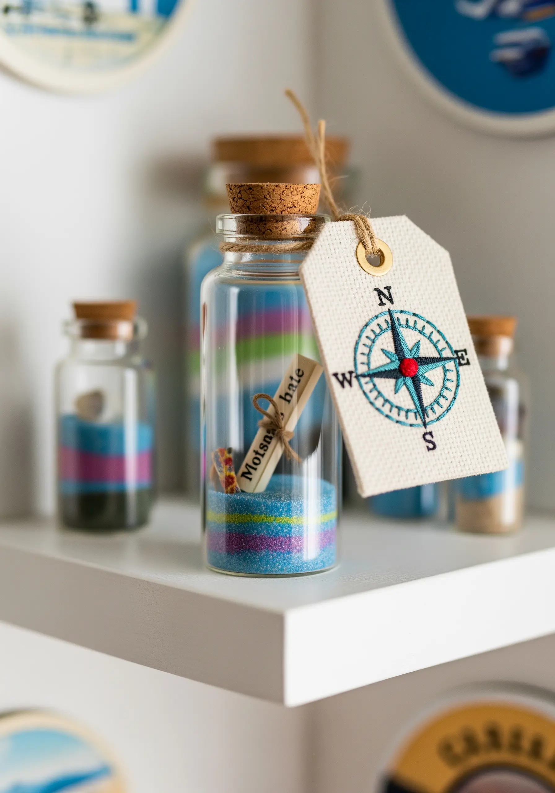 A small embroidered compass rose on a fabric tag attached to a message in a bottle.