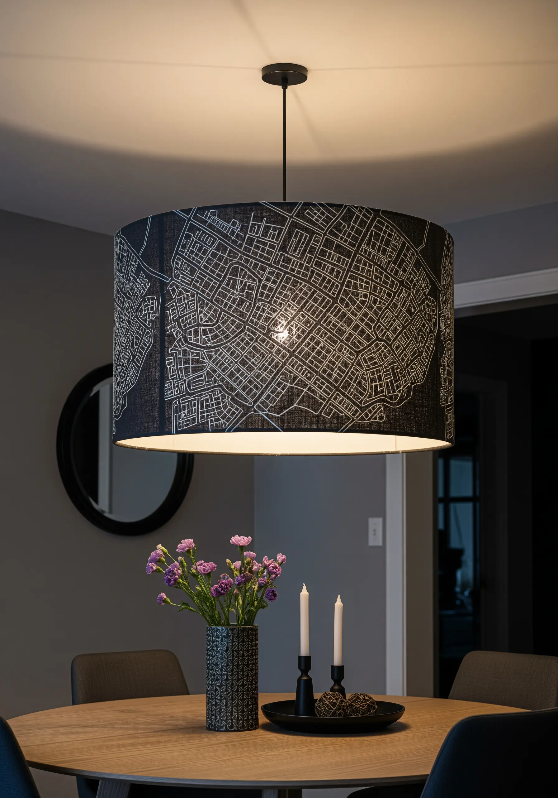 A black drum lampshade with an embroidered white-line city map that glows when lit.