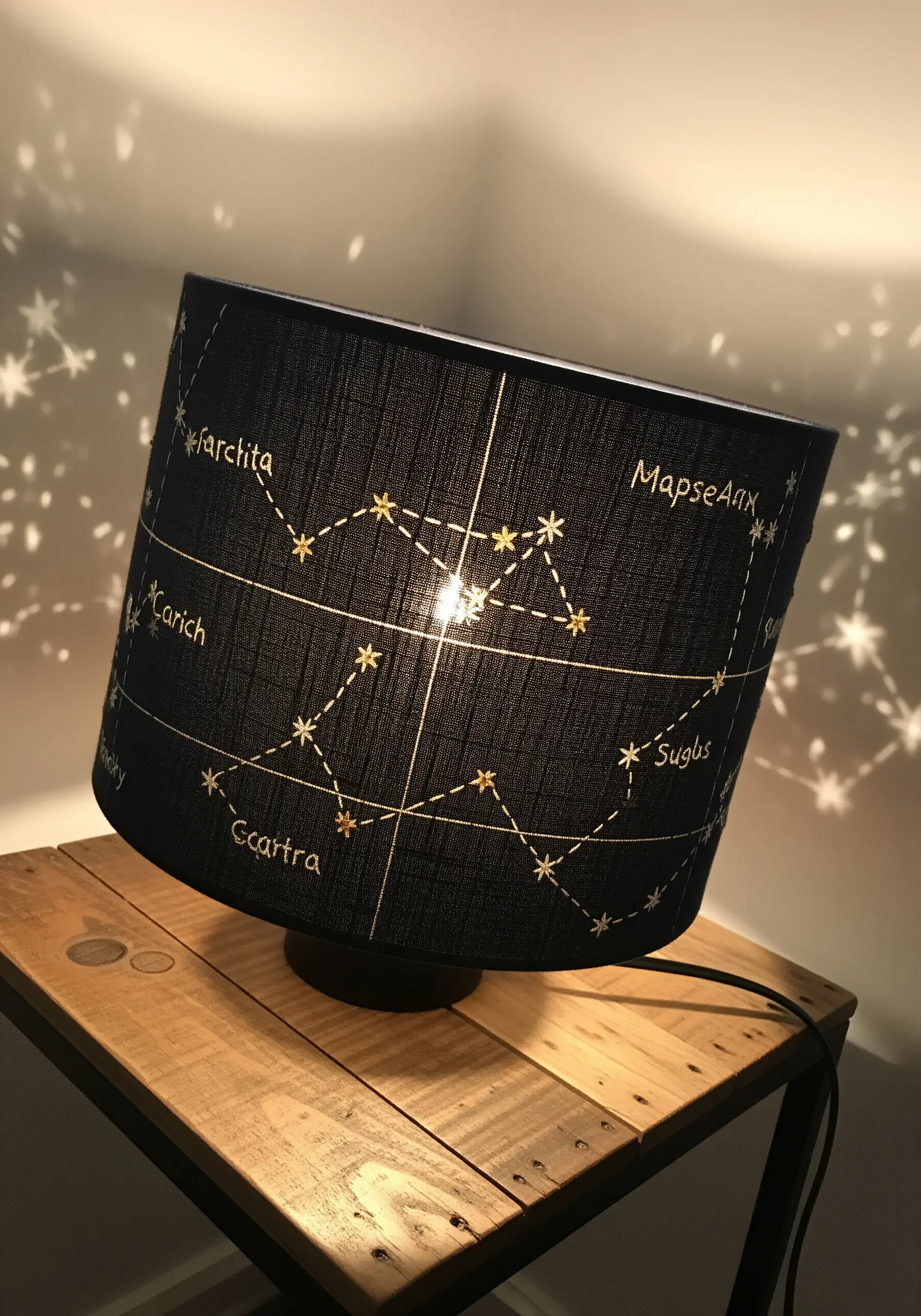 A black lampshade embroidered with constellations that glow when the light is on.