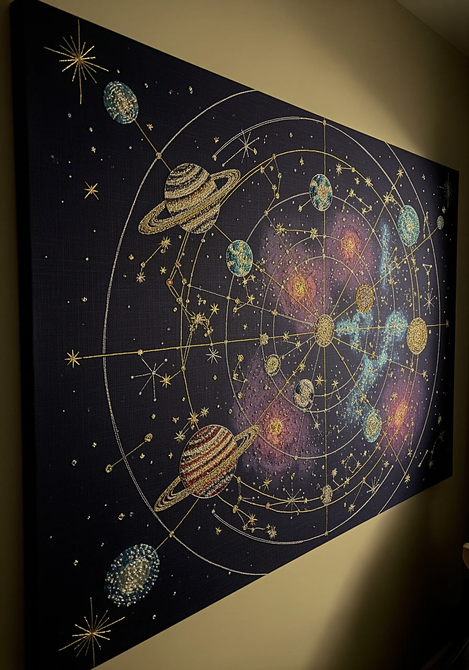 A large, detailed embroidery of a celestial map with planets and constellations on dark canvas.