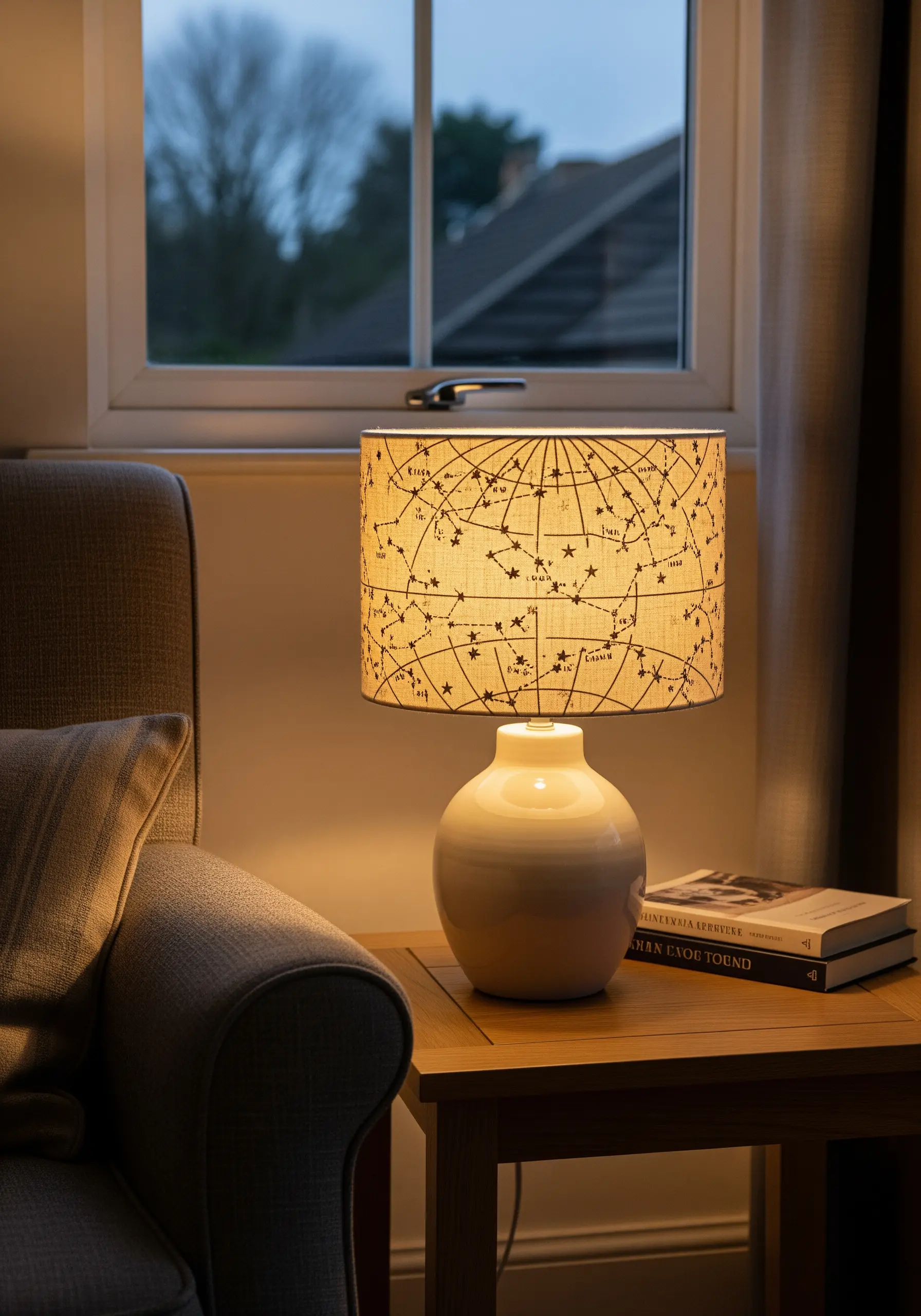 Lampshade with an embroidered constellation map using simple line stitches and French knots.