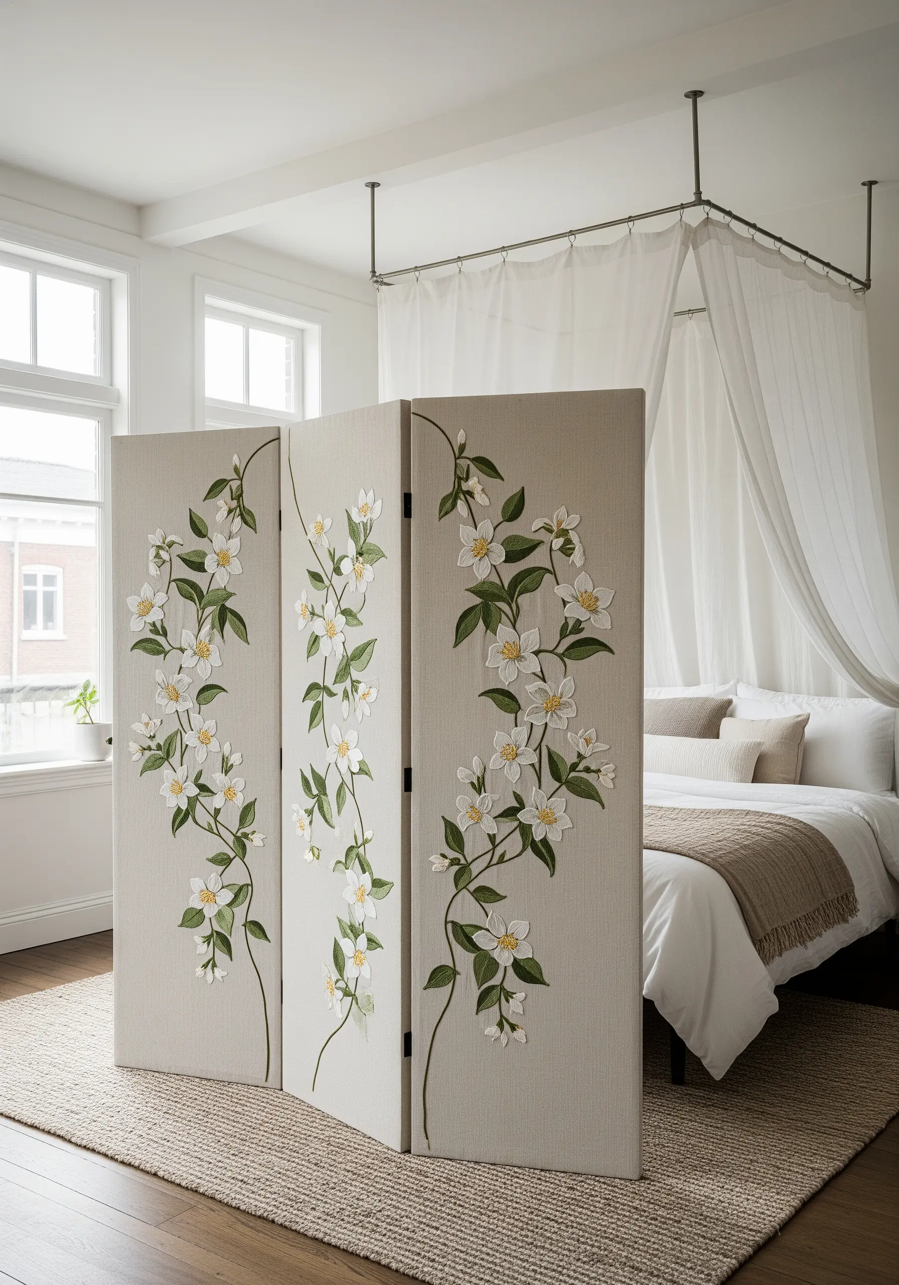 A three-panel room divider with a continuous embroidered vine of white jasmine flowers.
