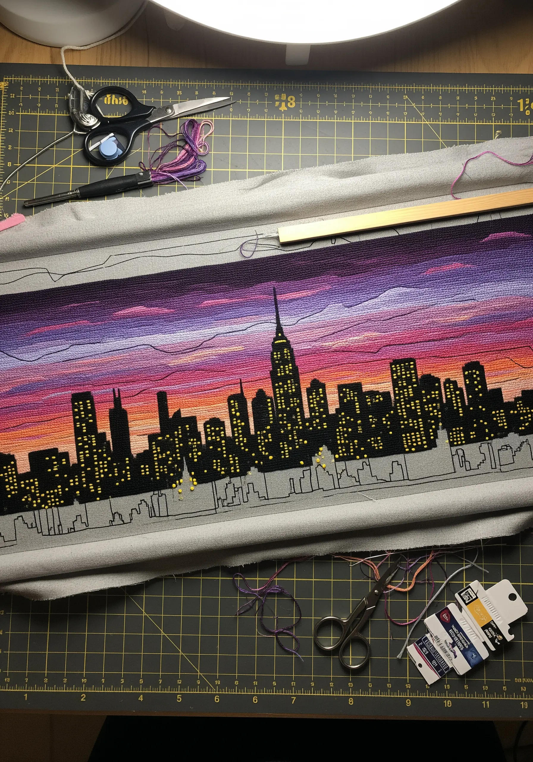 An in-progress embroidery of a city skyline at sunset, showing the blended sky and building silhouettes.