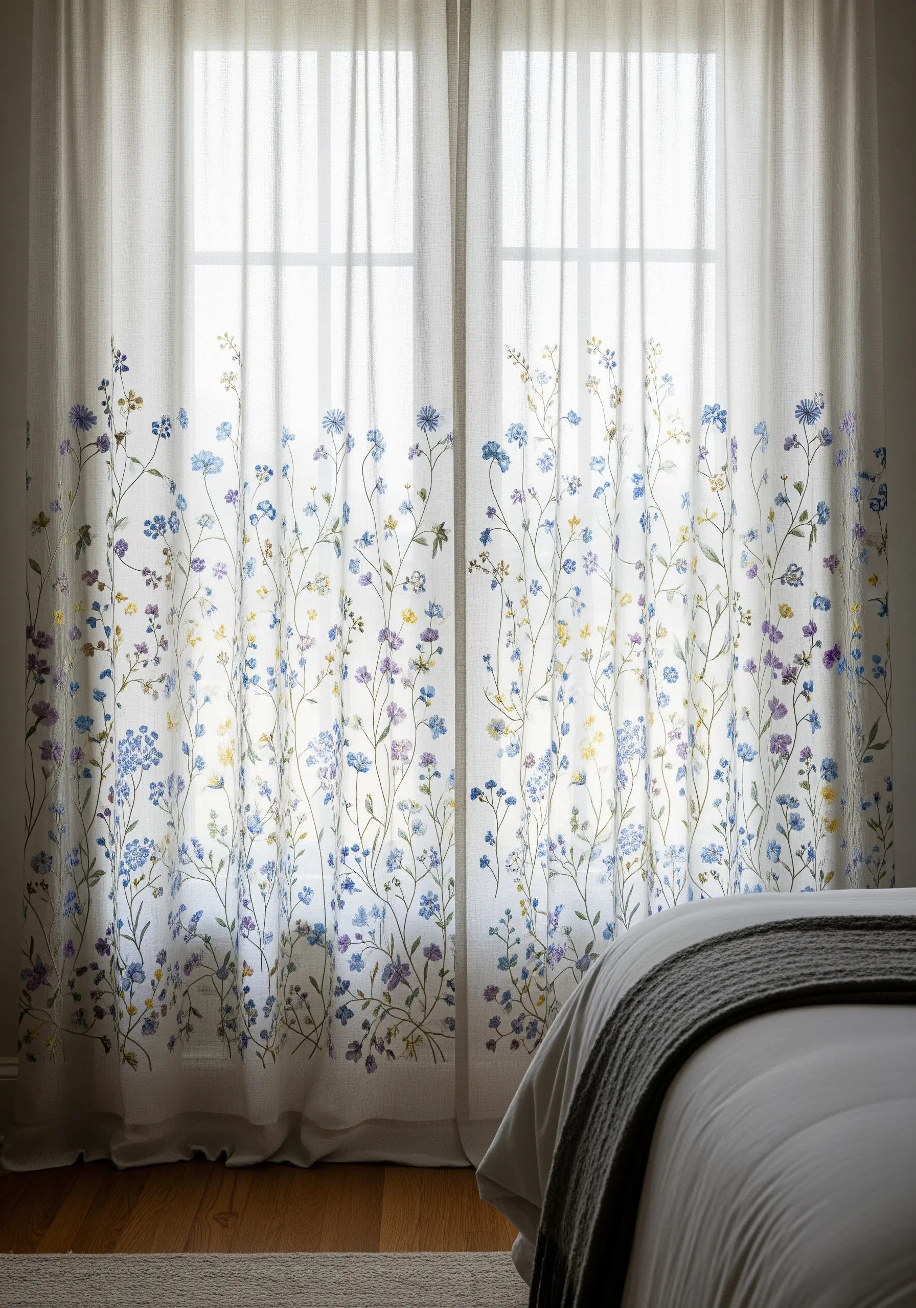 Delicate blue, purple, and yellow wildflowers embroidered on the bottom of sheer white curtains.