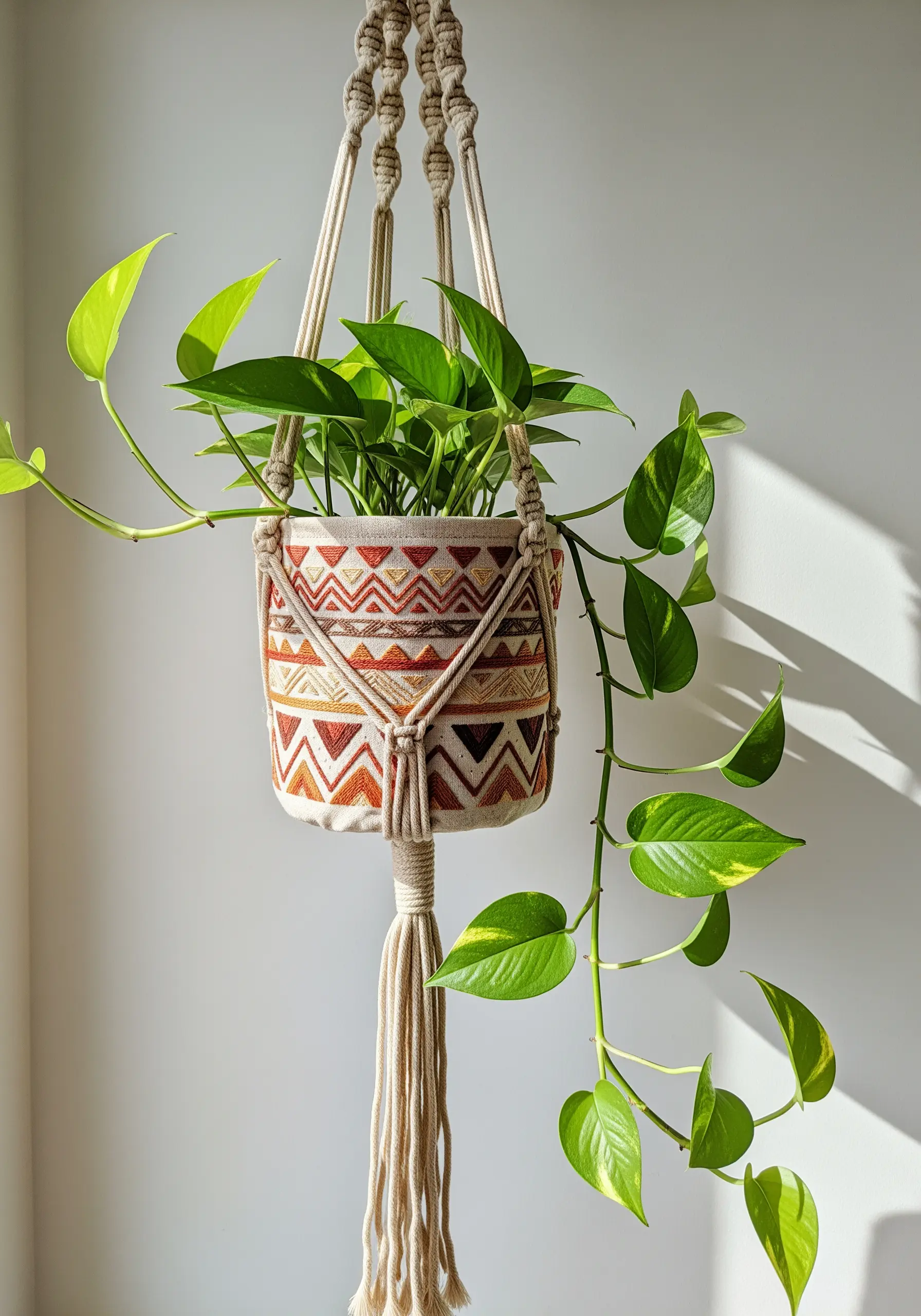 A woven fabric plant pot with a geometric embroidered pattern, held in a macrame hanger.