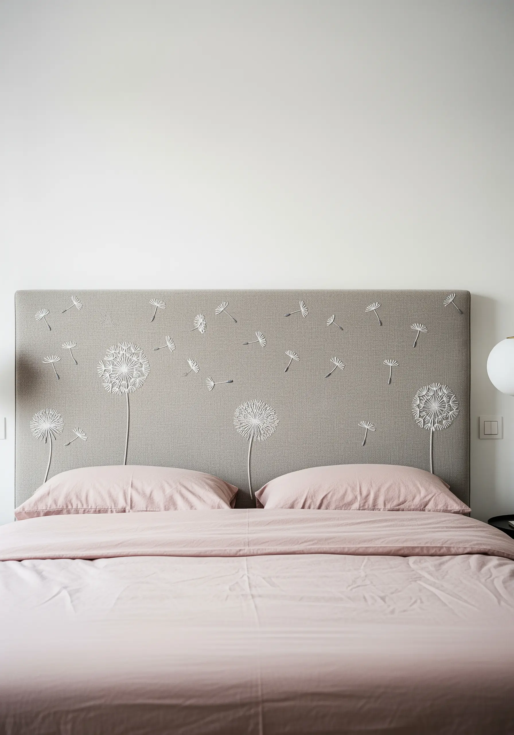 An upholstered headboard embroidered with delicate white dandelions and floating seeds.