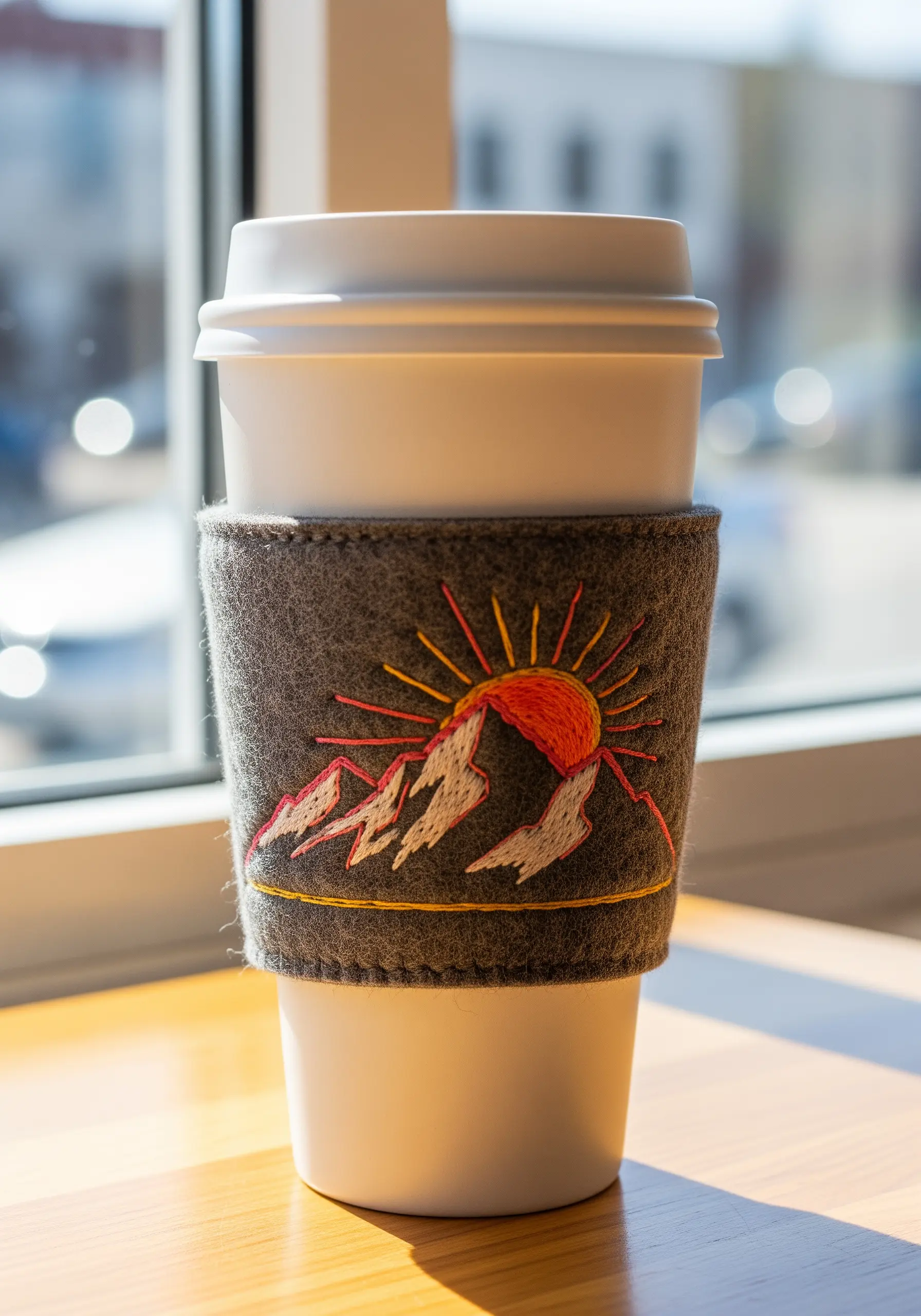 A gray felt coffee cup sleeve with an embroidered mountain sunrise scene