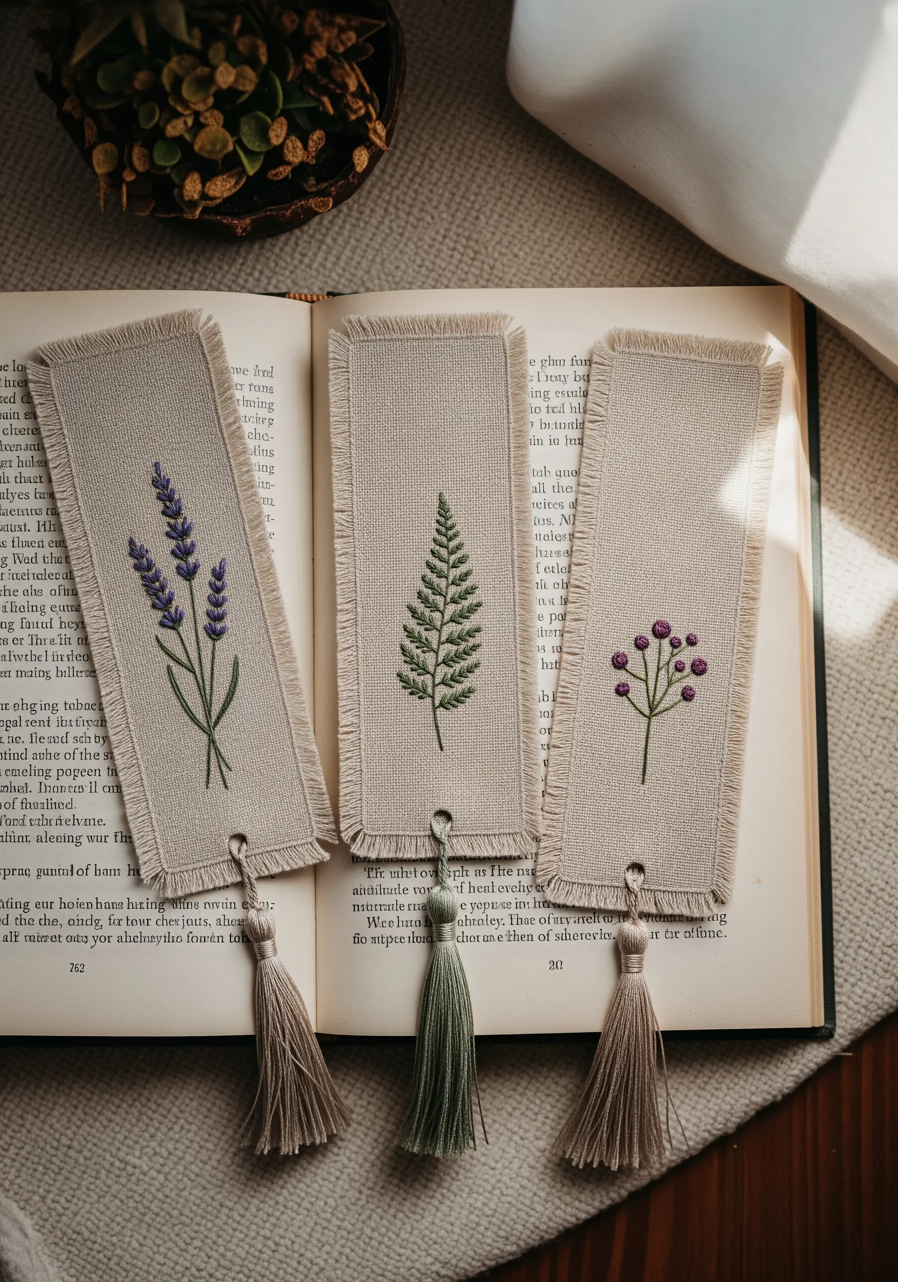 Three linen bookmarks with delicate embroidery of lavender, a fern, and berries.