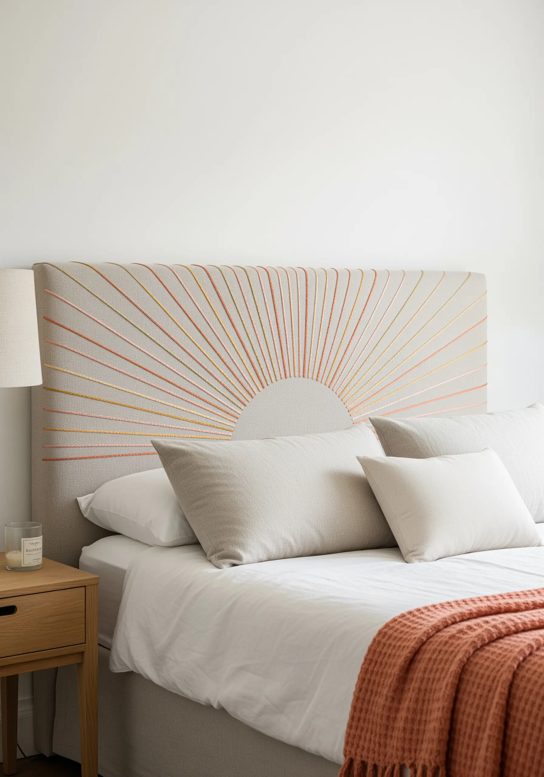 An upholstered headboard with an embroidered sunrise pattern in warm, neutral tones.