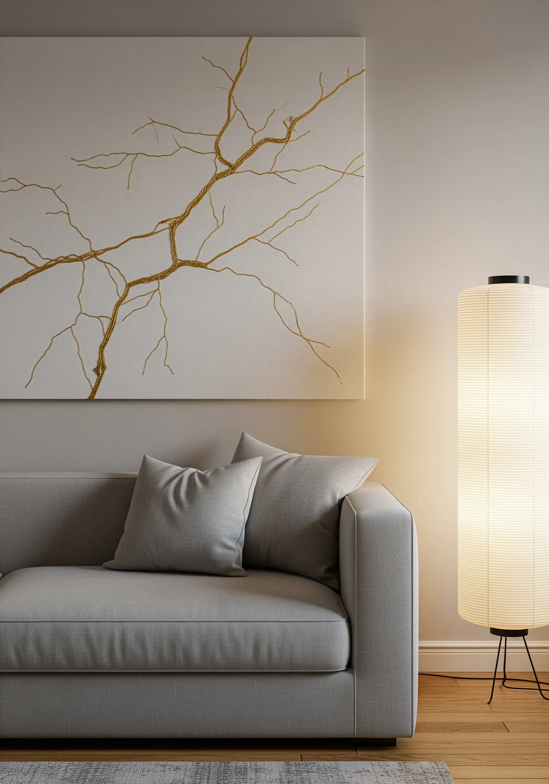 Large canvas with embroidered gold branches above a modern sofa