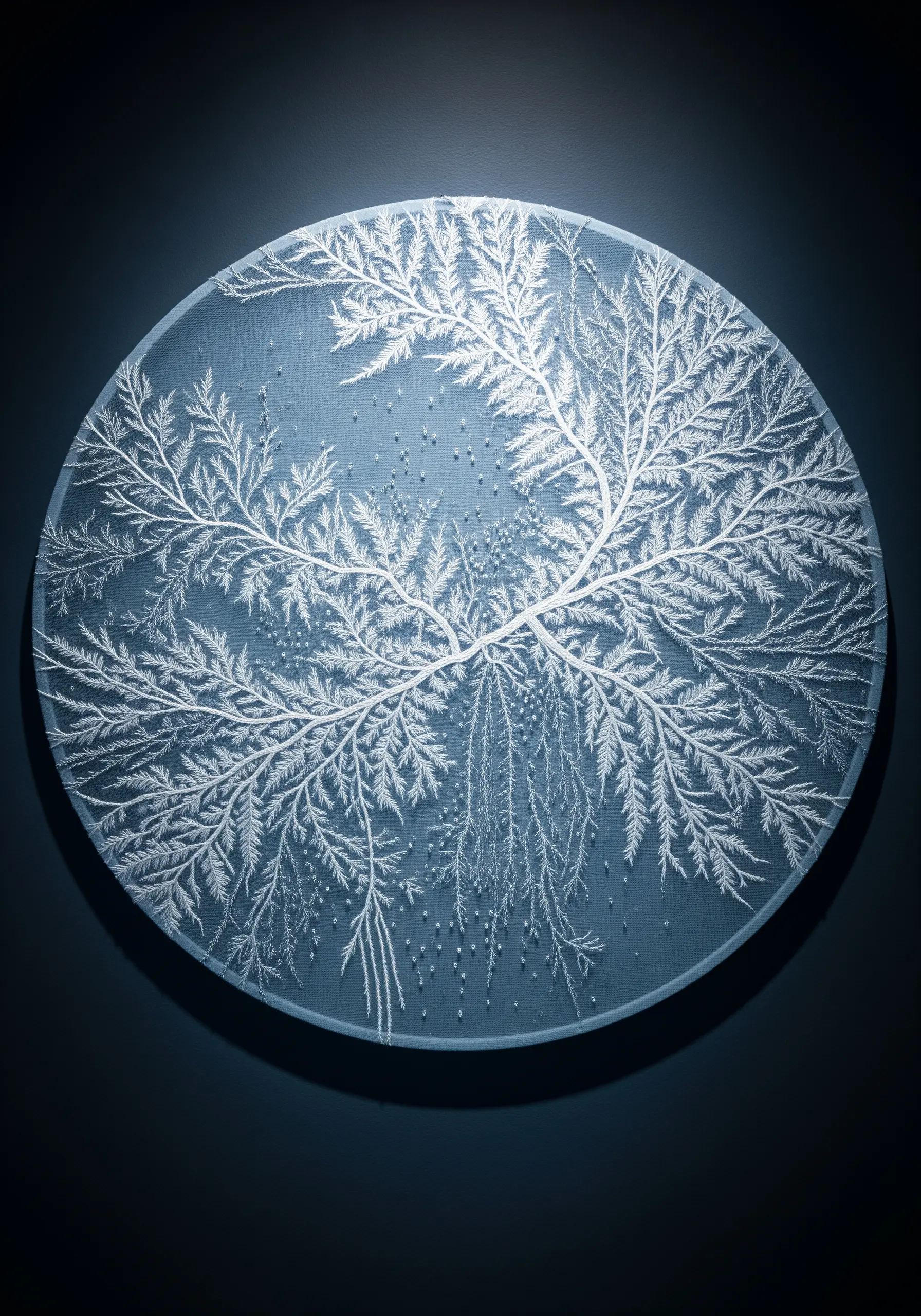 Intricate white embroidery of frost patterns on a translucent, cool-toned surface.
