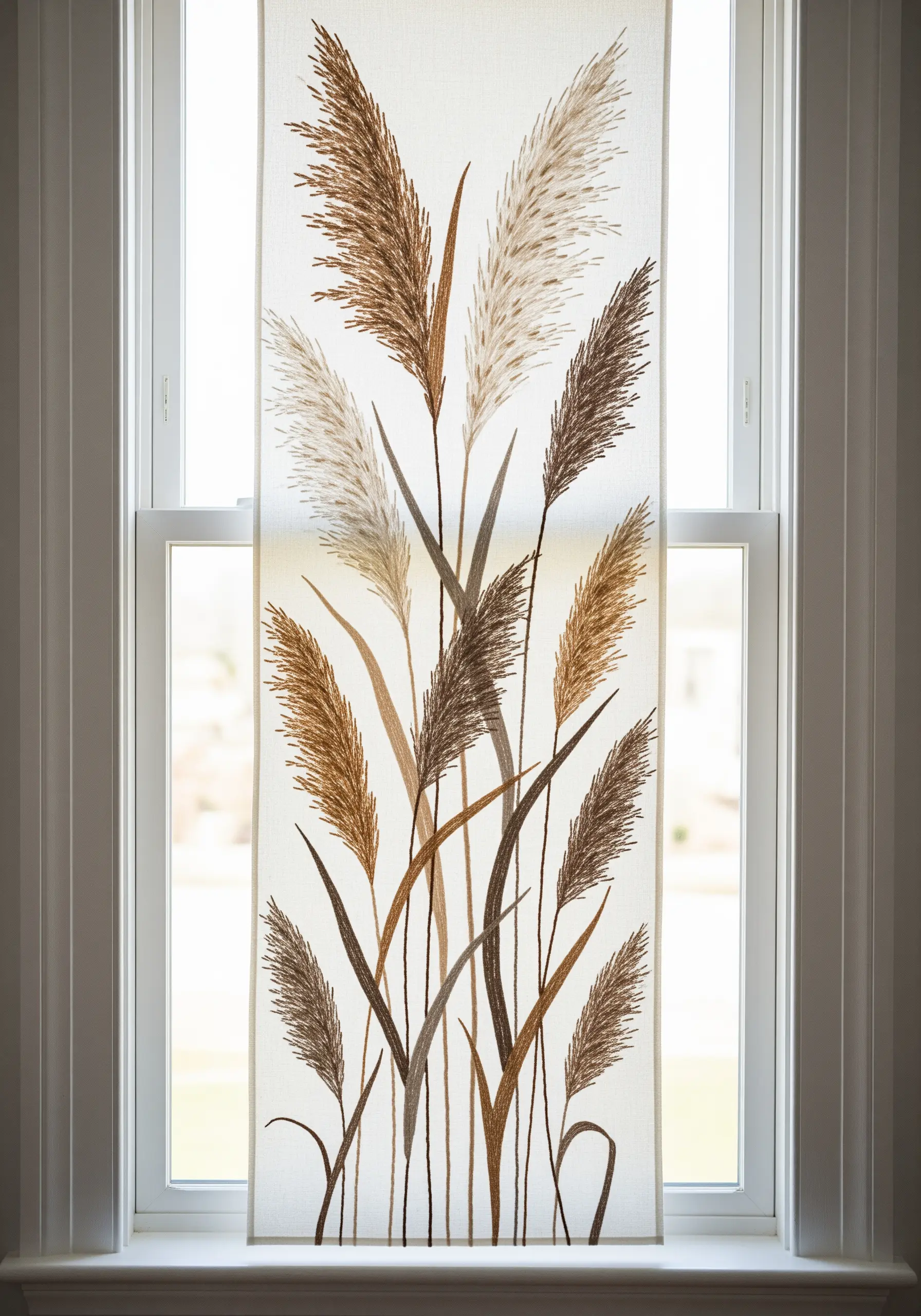 Sheer window panel embroidered with delicate, feathery pampas grass.