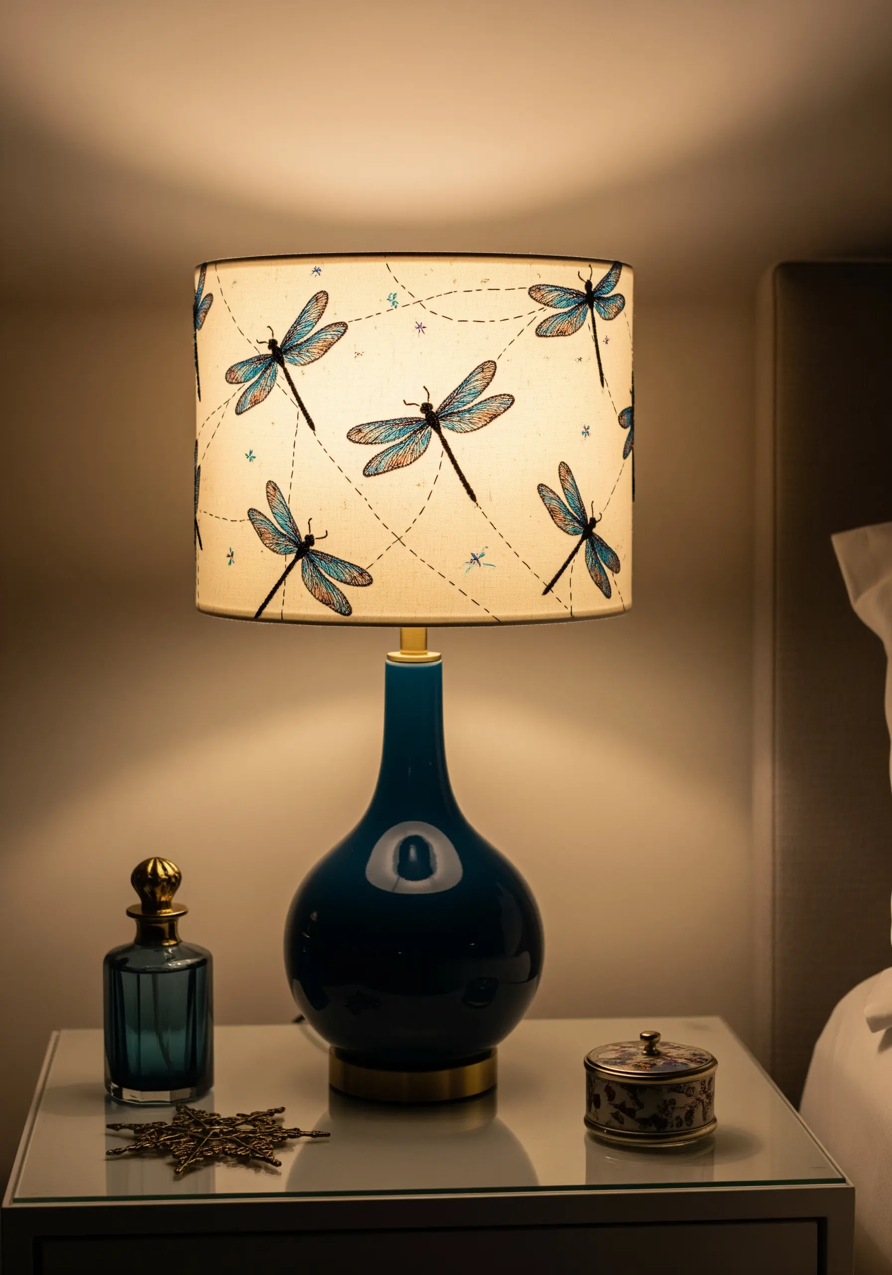 A cream-colored lampshade embroidered with a pattern of delicate blue and black dragonflies.