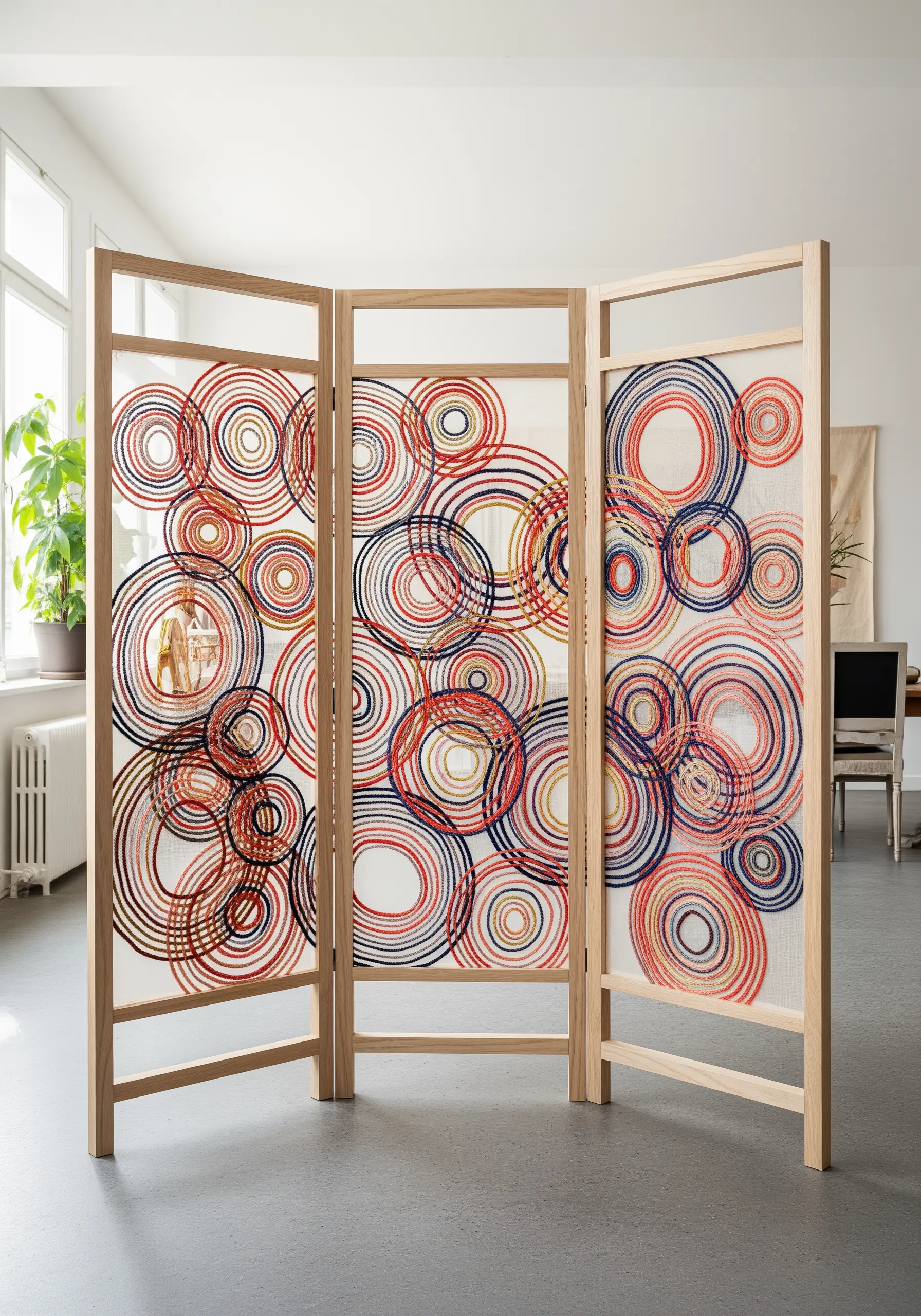 A three-panel wooden room divider with sheer fabric embroidered with colorful circles.