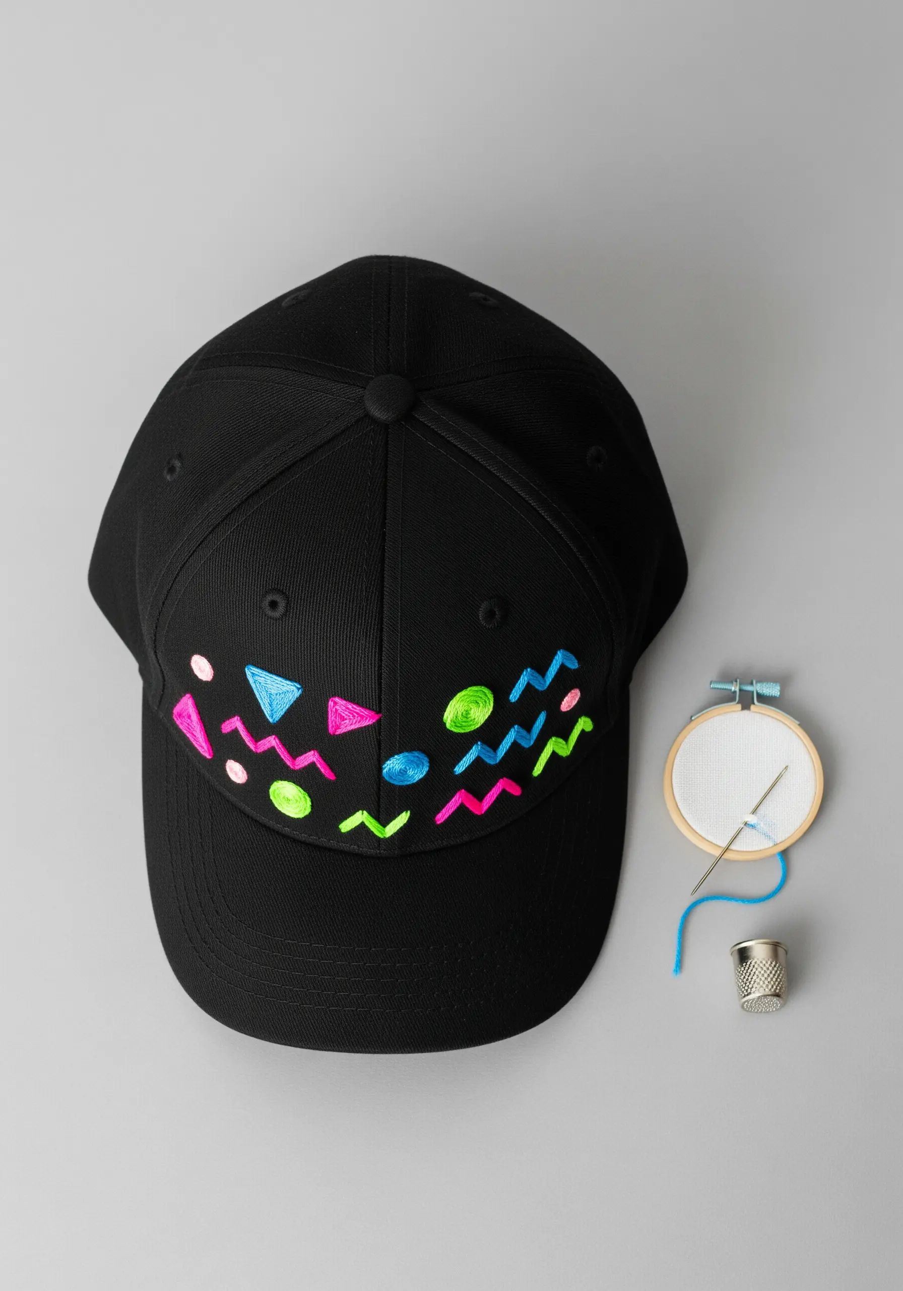 A black baseball cap embellished with bright, abstract neon geometric embroidery.