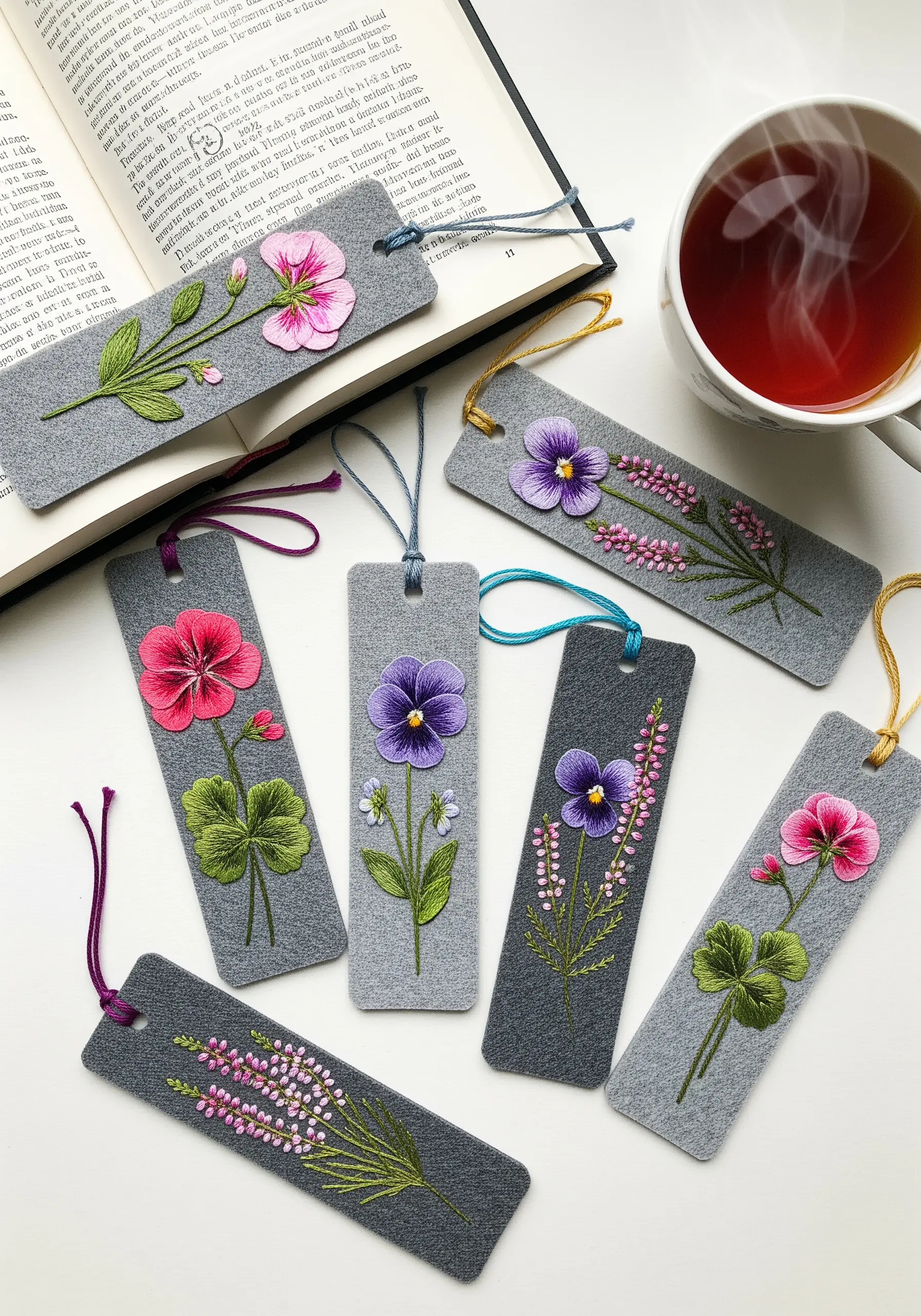 A collection of gray felt bookmarks, each embroidered with a different colorful flower.