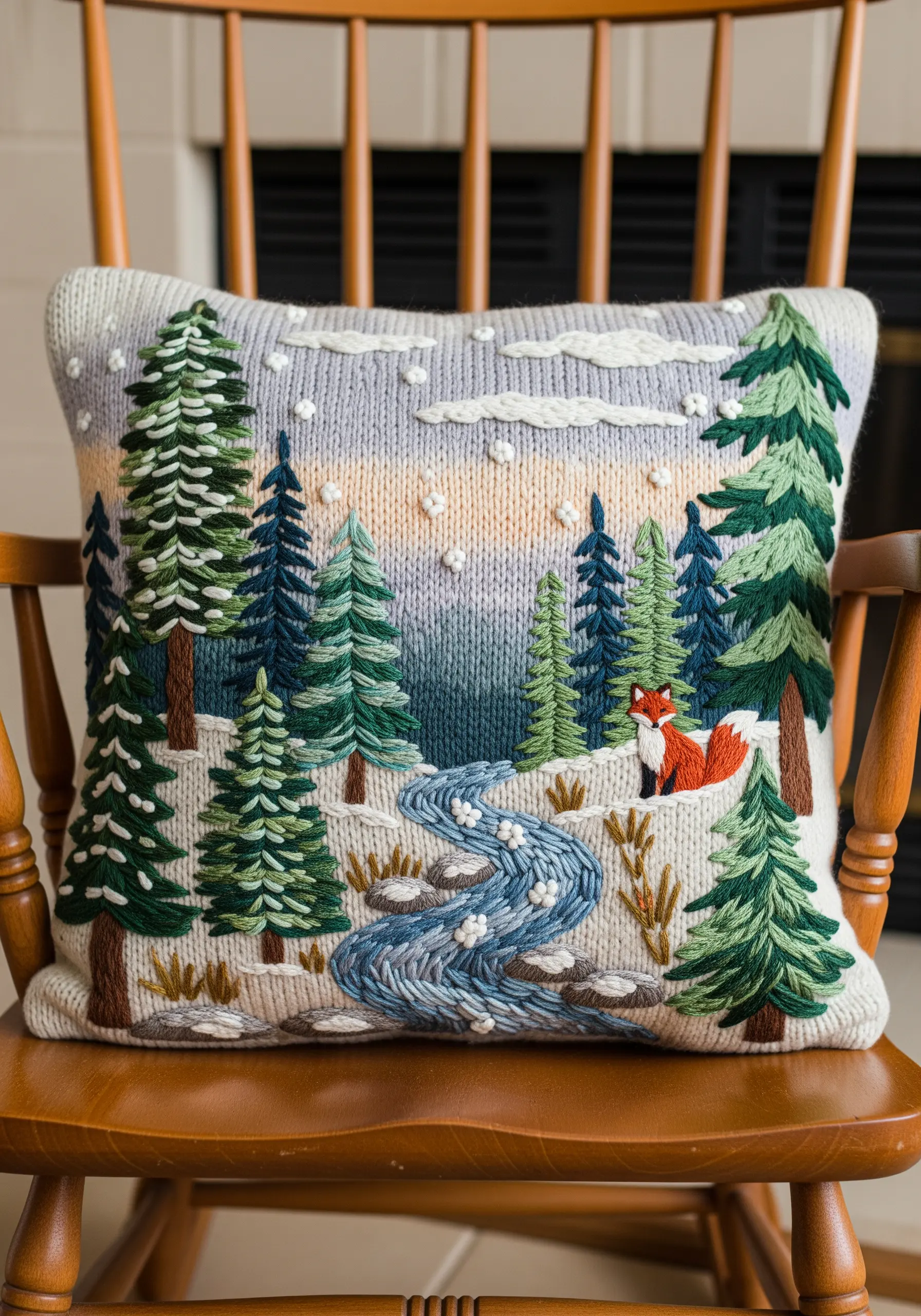 Embroidered winter landscape with pine trees and a river on a knit pillow.