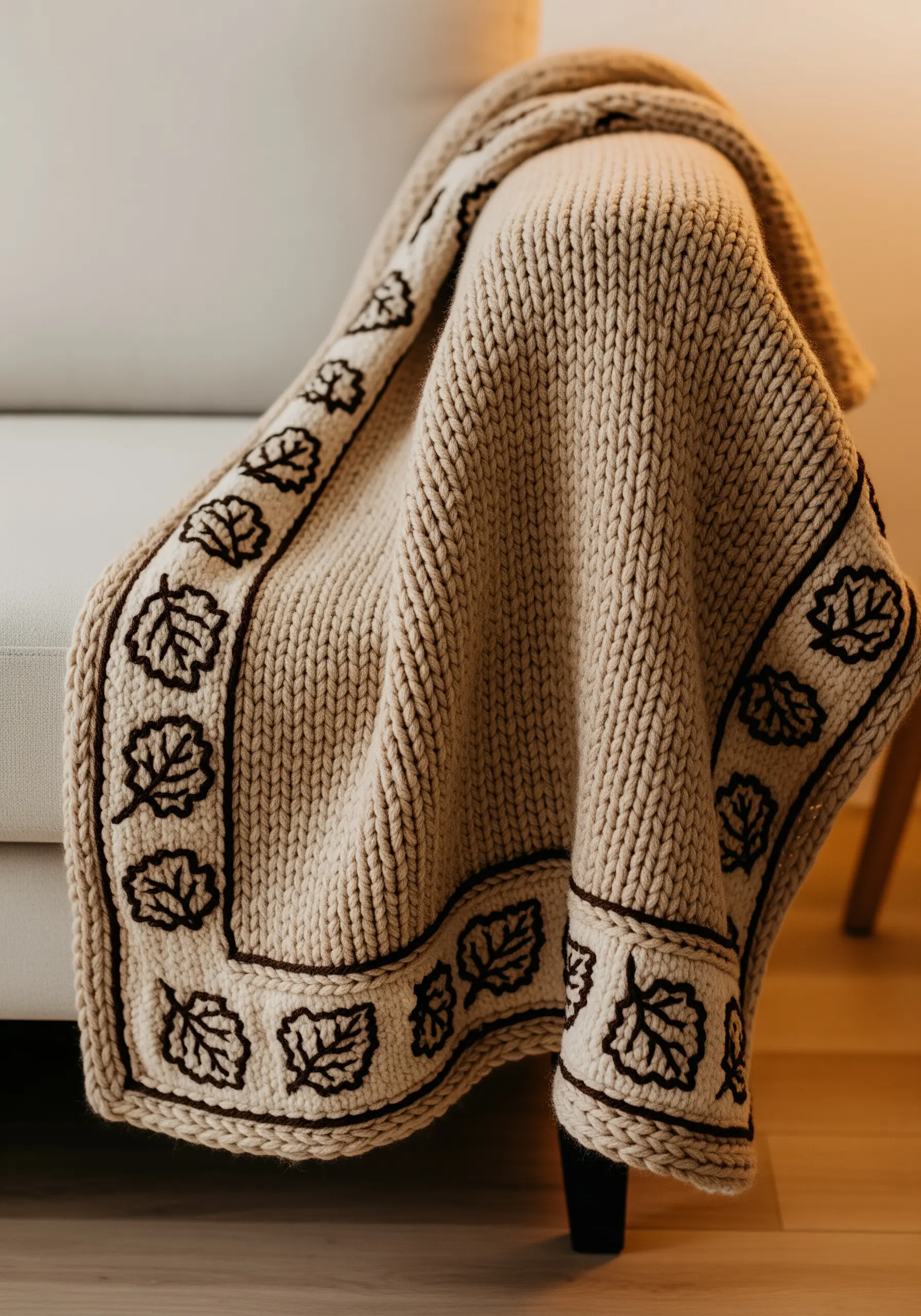 A simple border of embroidered brown leaves on the edge of a chunky beige knit blanket.