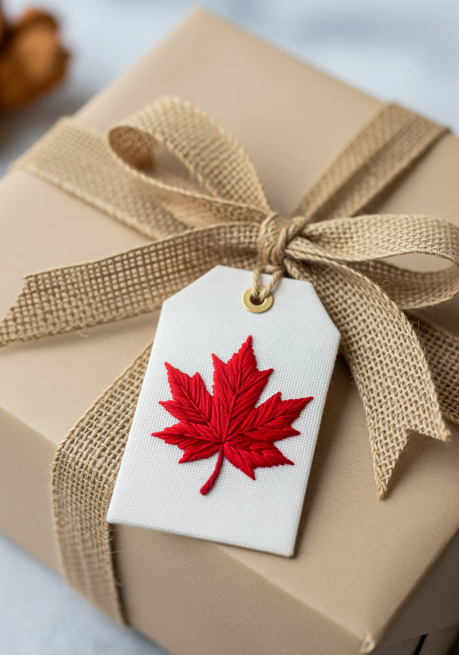 A white gift tag featuring a red embroidered maple leaf, attached to a wrapped gift.