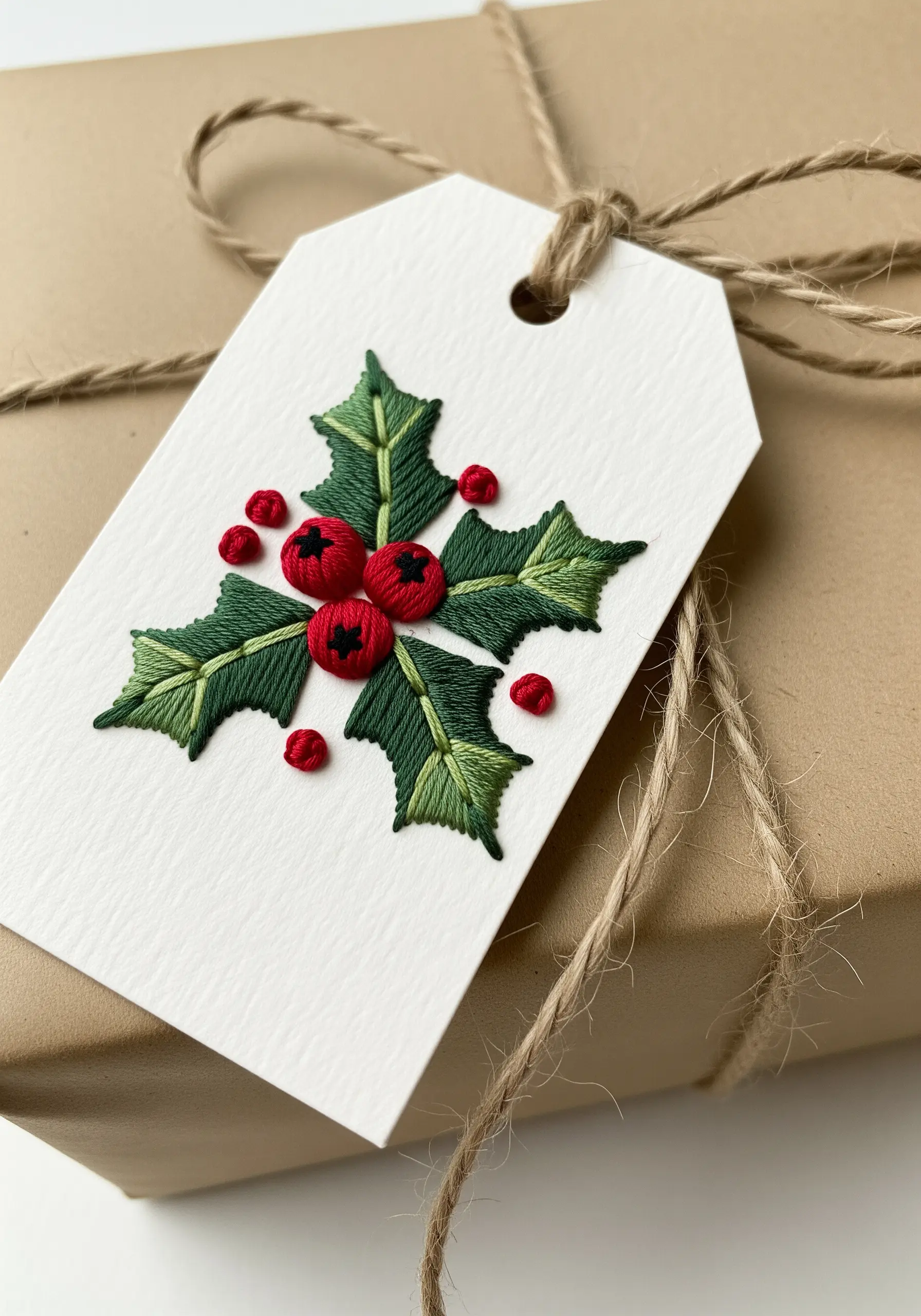 A sprig of holly with red berries embroidered directly onto a paper gift tag