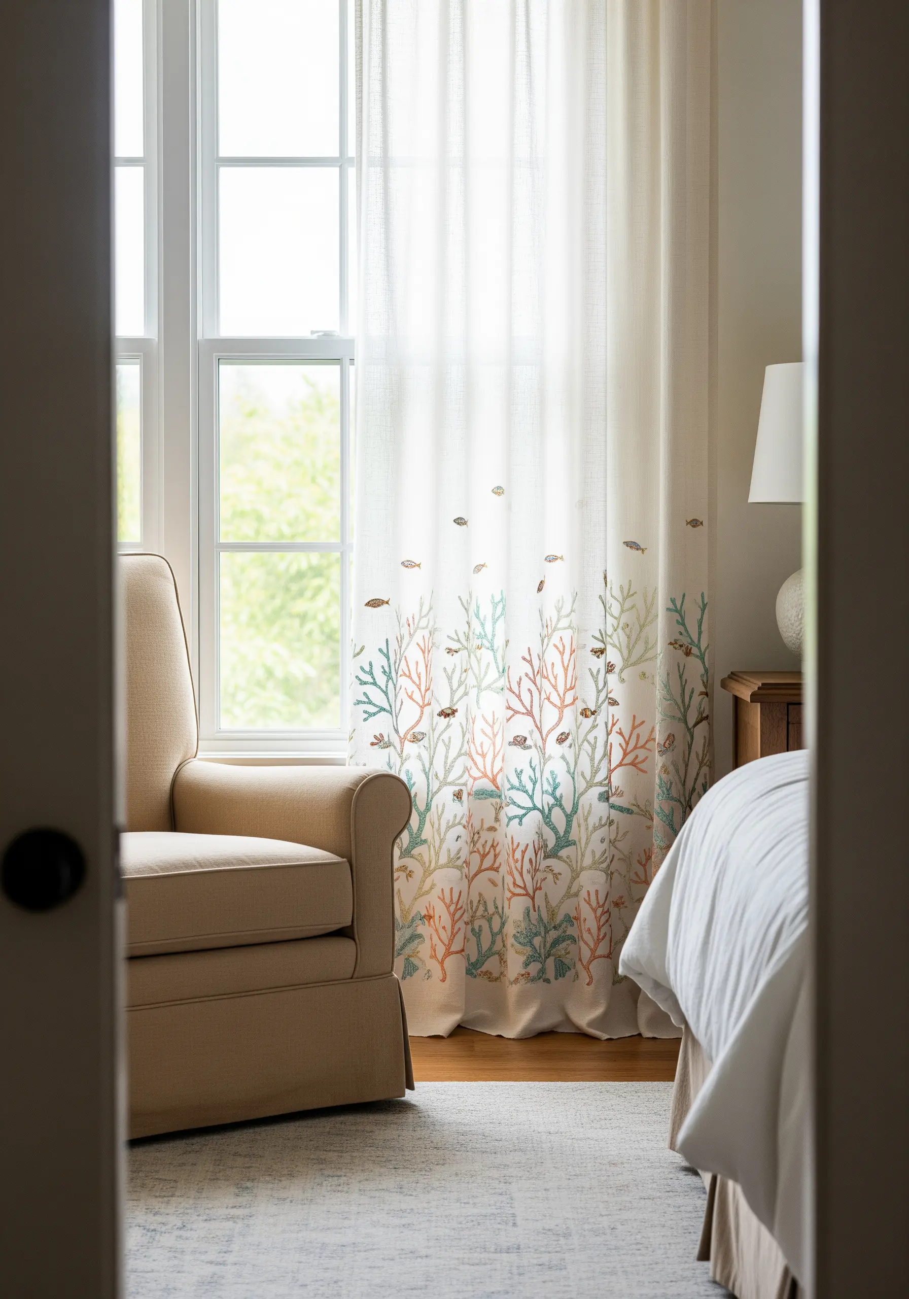 Delicate coral and fish motifs embroidered along the bottom of sheer white curtains.