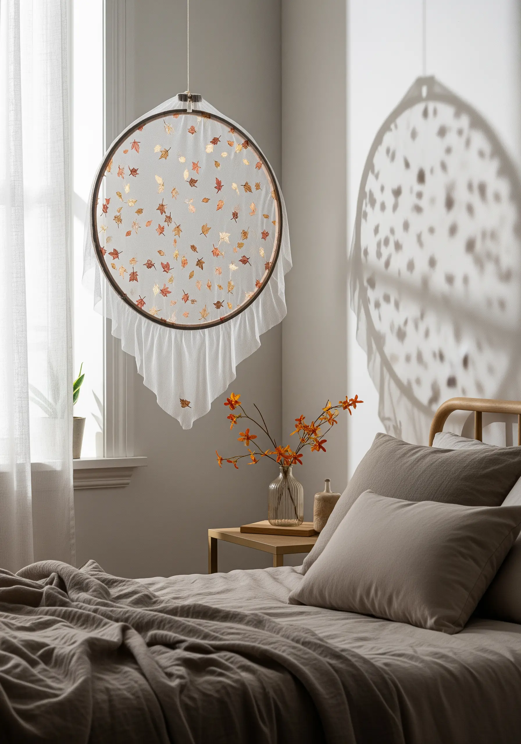 Embroidery hoop with falling autumn leaves stitched on sheer organza, casting shadows on the wall.