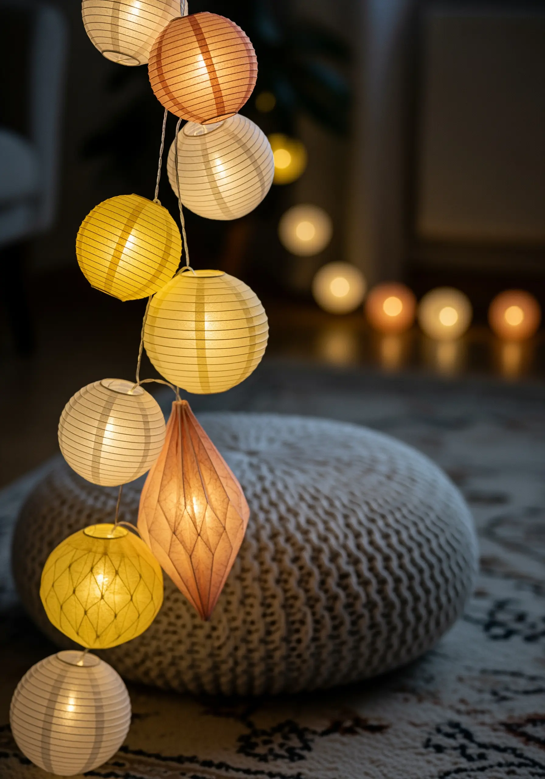 A string of glowing paper lanterns in warm yellow and white tones.