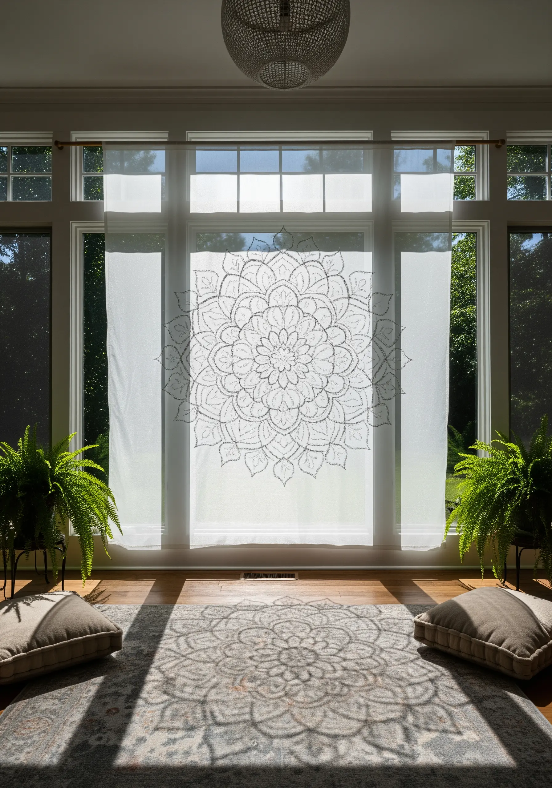 A sheer white curtain panel with a delicately embroidered mandala, filtering sunlight.