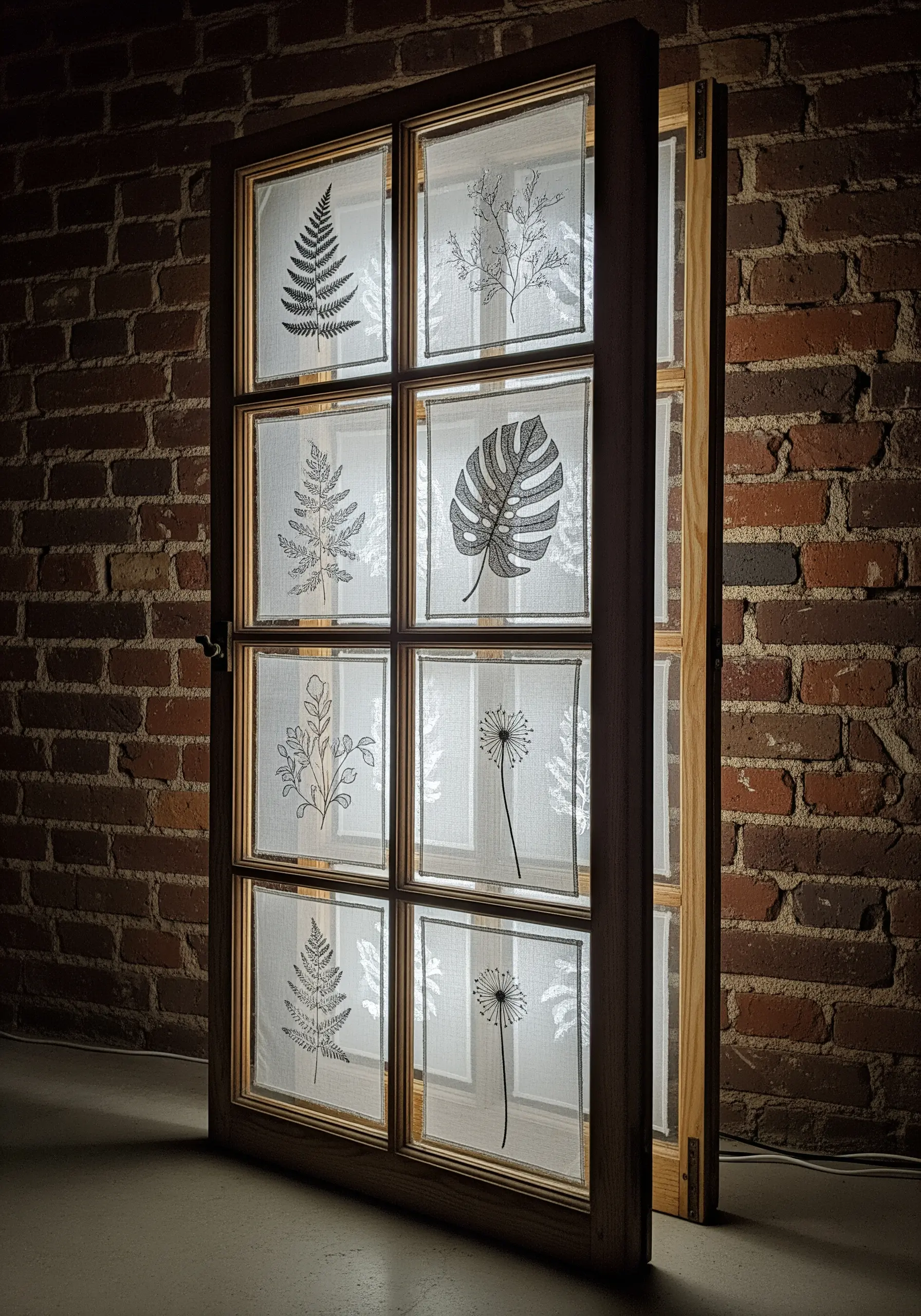 An old wooden window frame with embroidered botanical designs on sheer fabric in each pane.