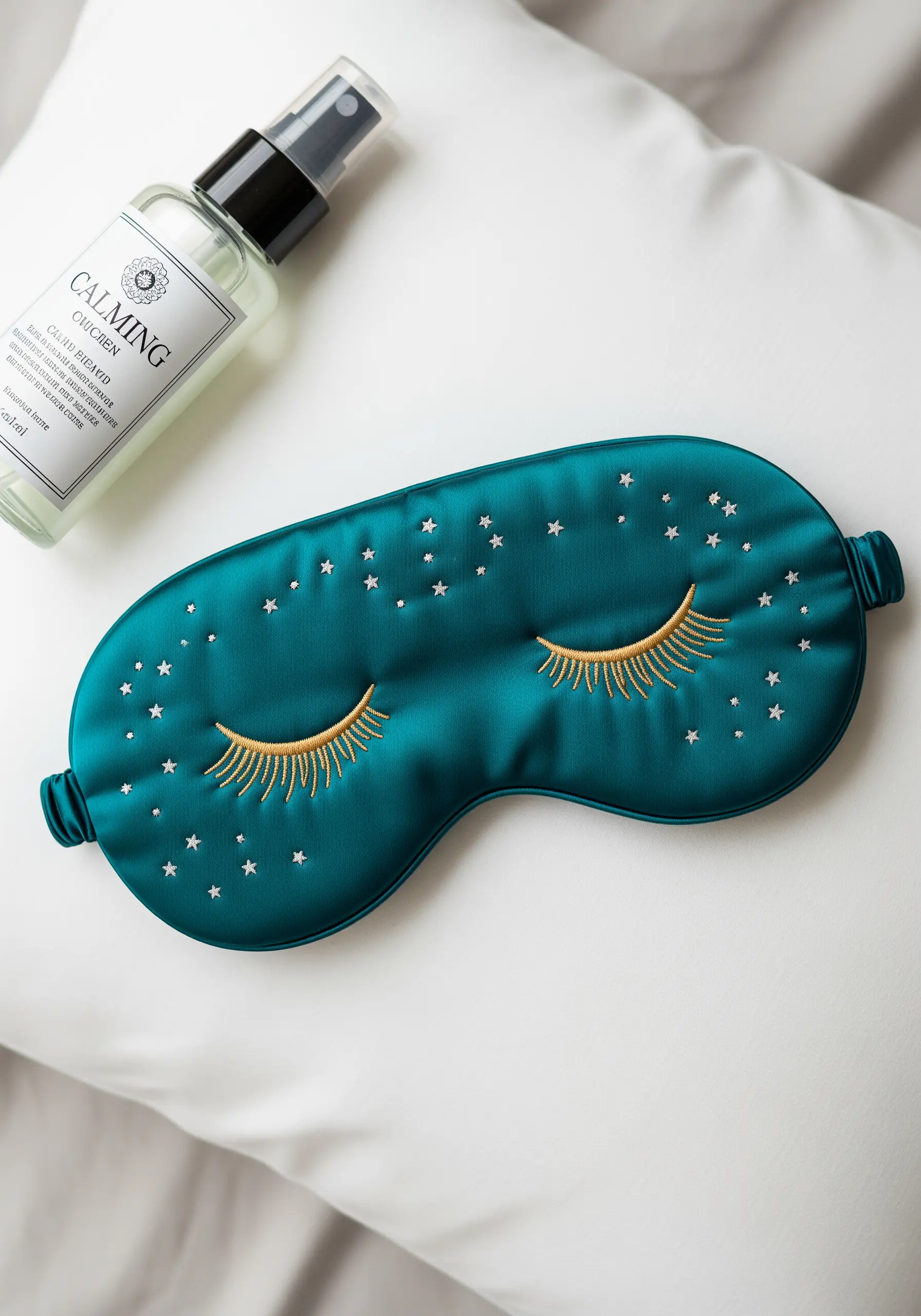 A teal silk sleep mask embroidered with gold eyelashes and tiny white stars
