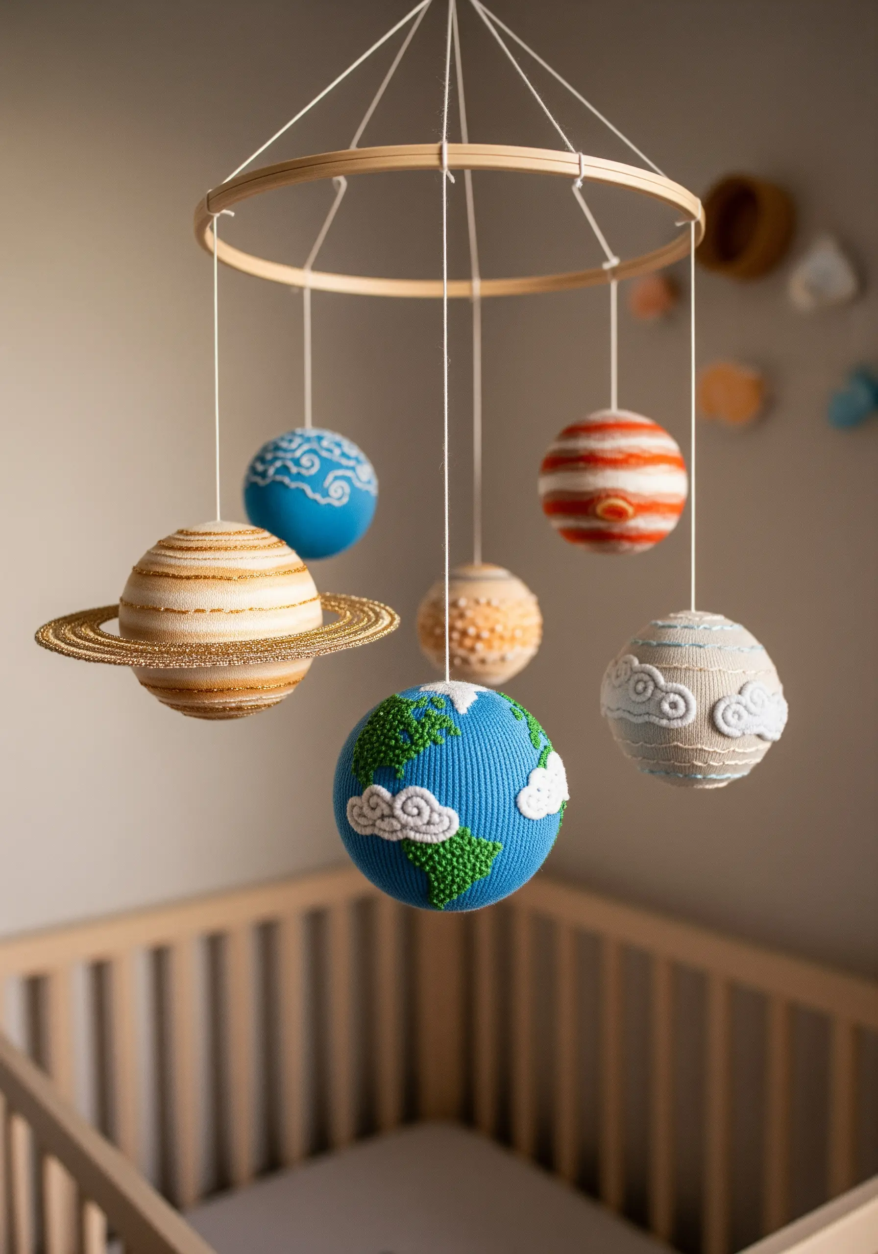 A nursery mobile with embroidered planets, including a detailed Earth and a ringed Saturn.