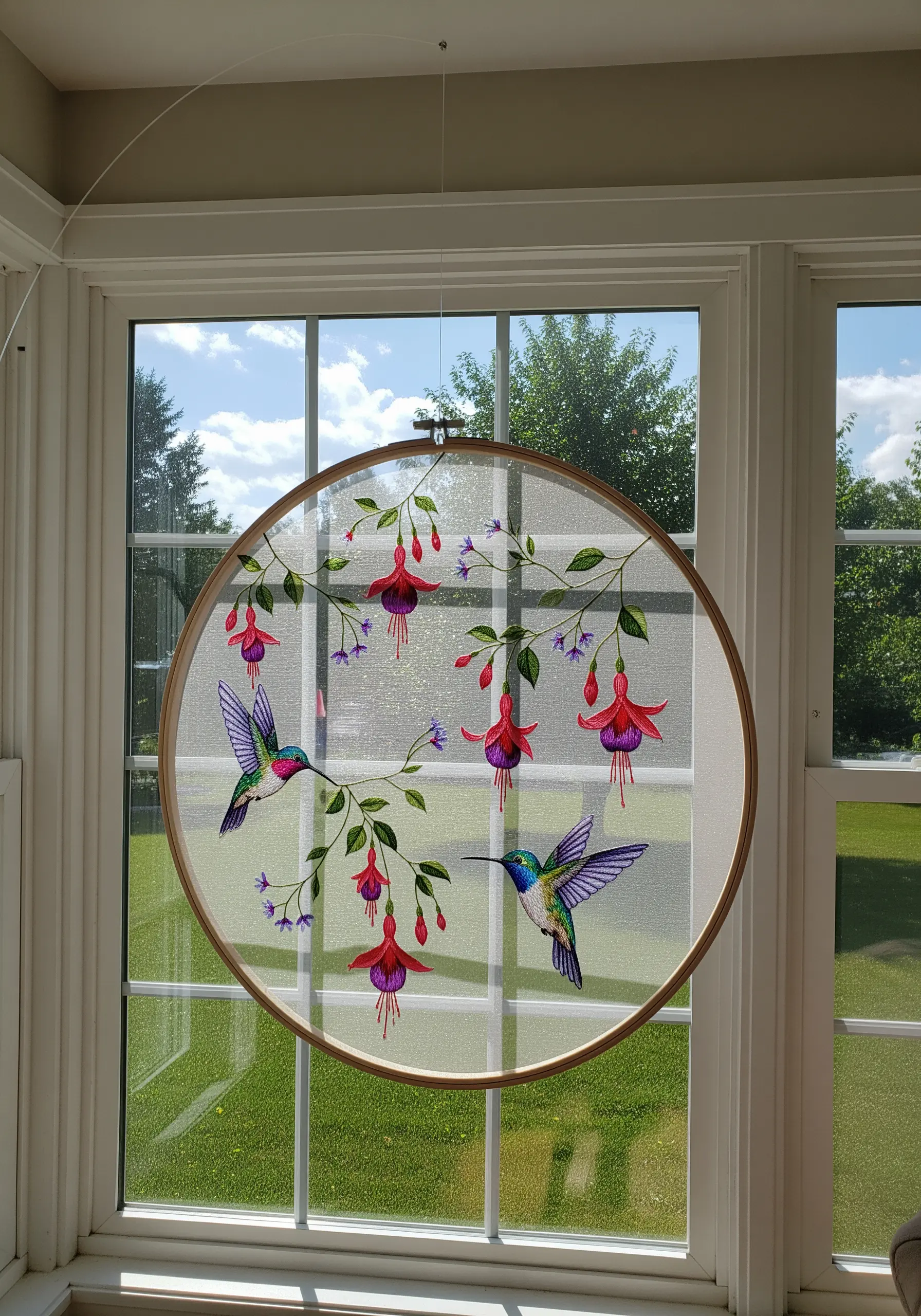 An embroidery hoop with hummingbirds and fuchsia flowers stitched on sheer fabric, hanging in a window.