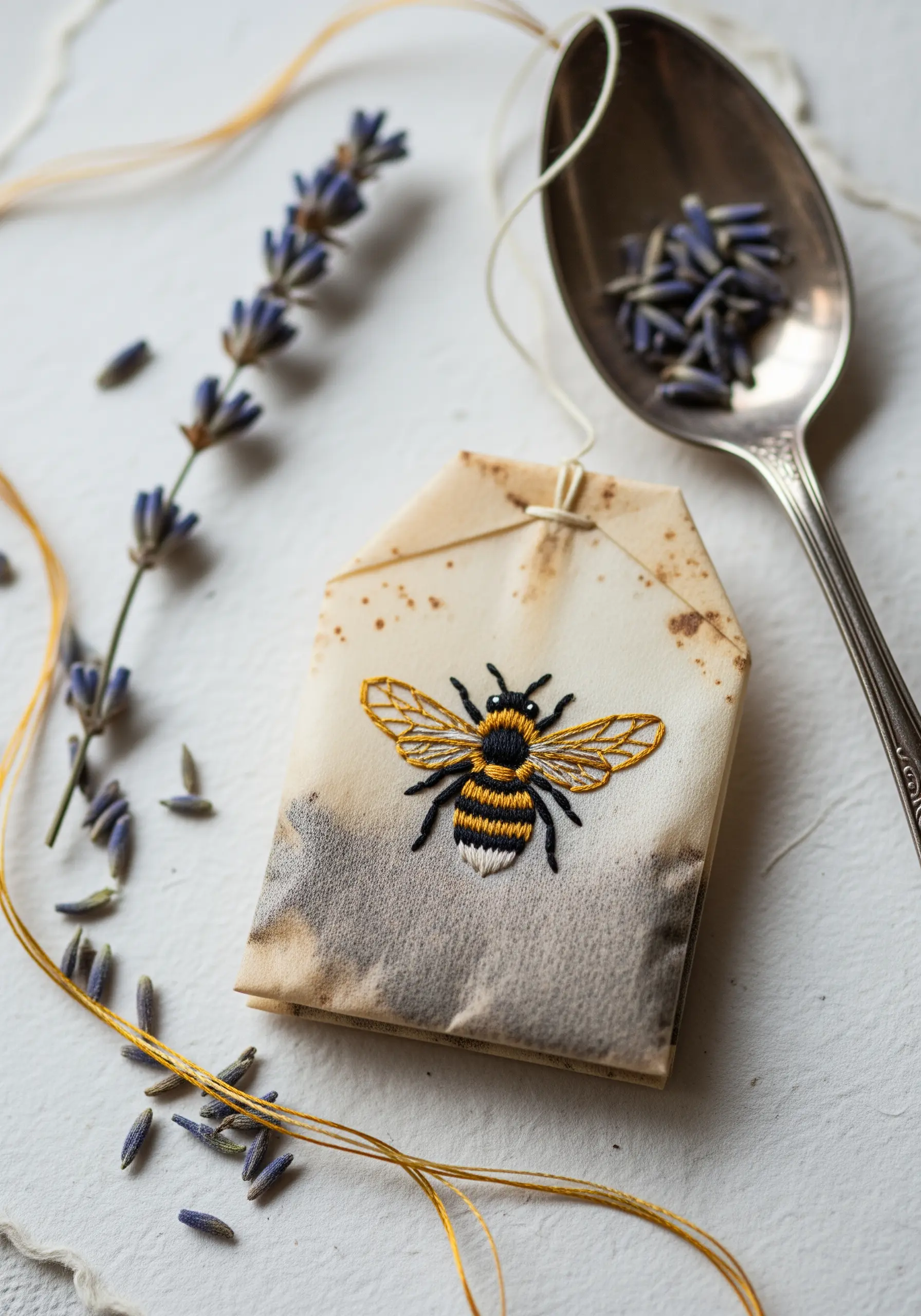 A detailed, tiny bee embroidered onto the surface of a used teabag.