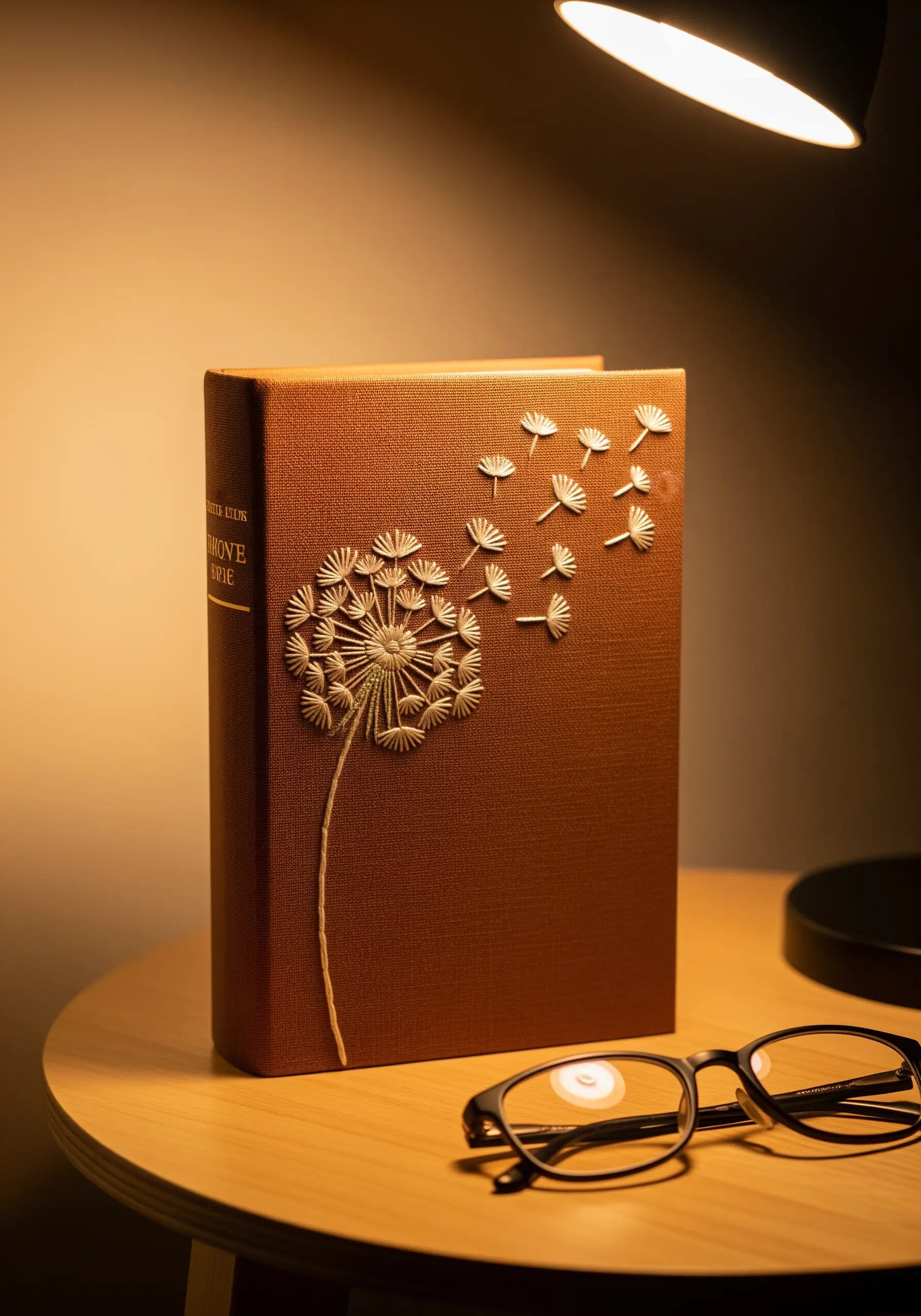 A dandelion embroidered directly onto a brown fabric book cover.