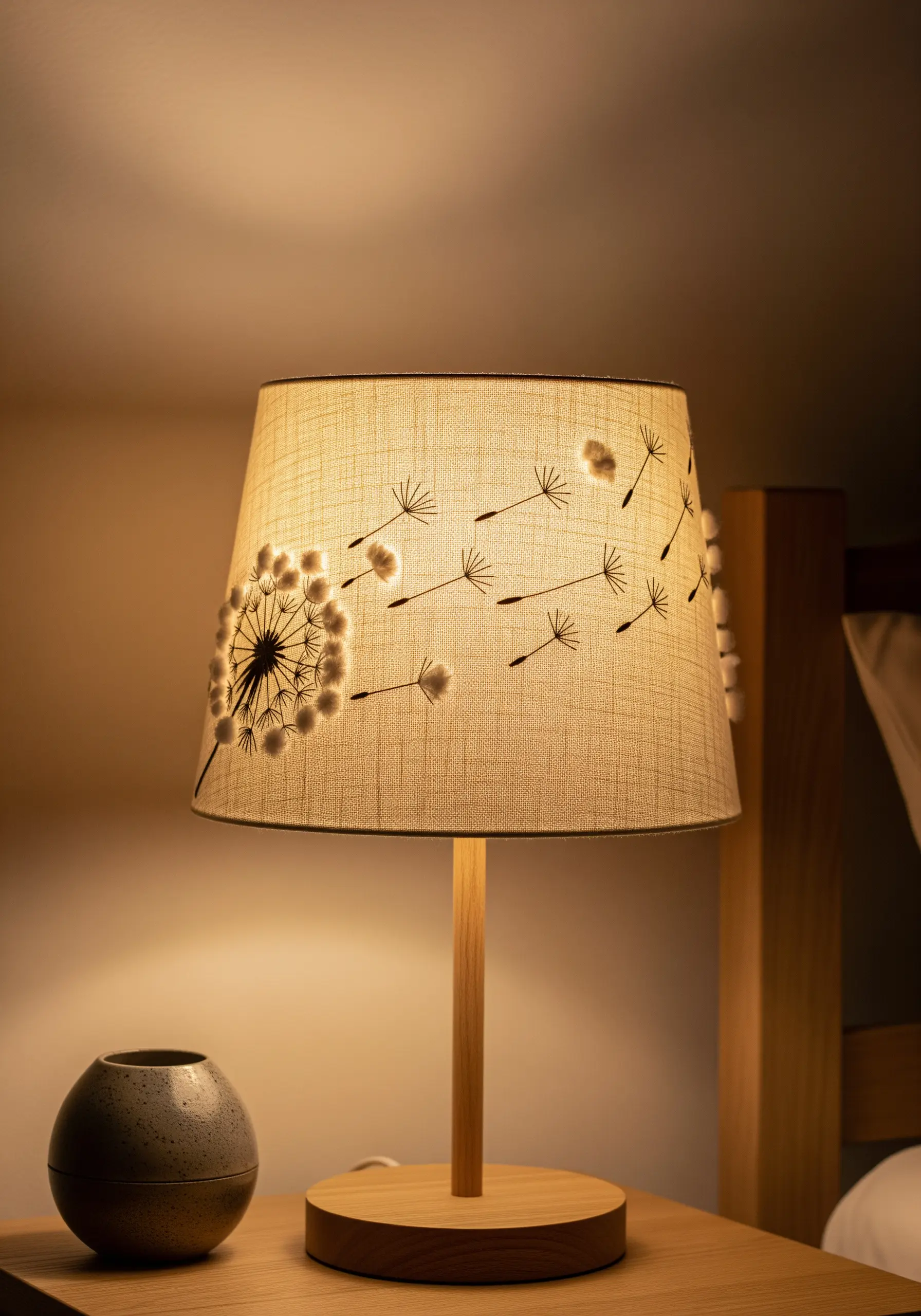 A fabric lampshade embroidered with a dandelion blowing in the wind.