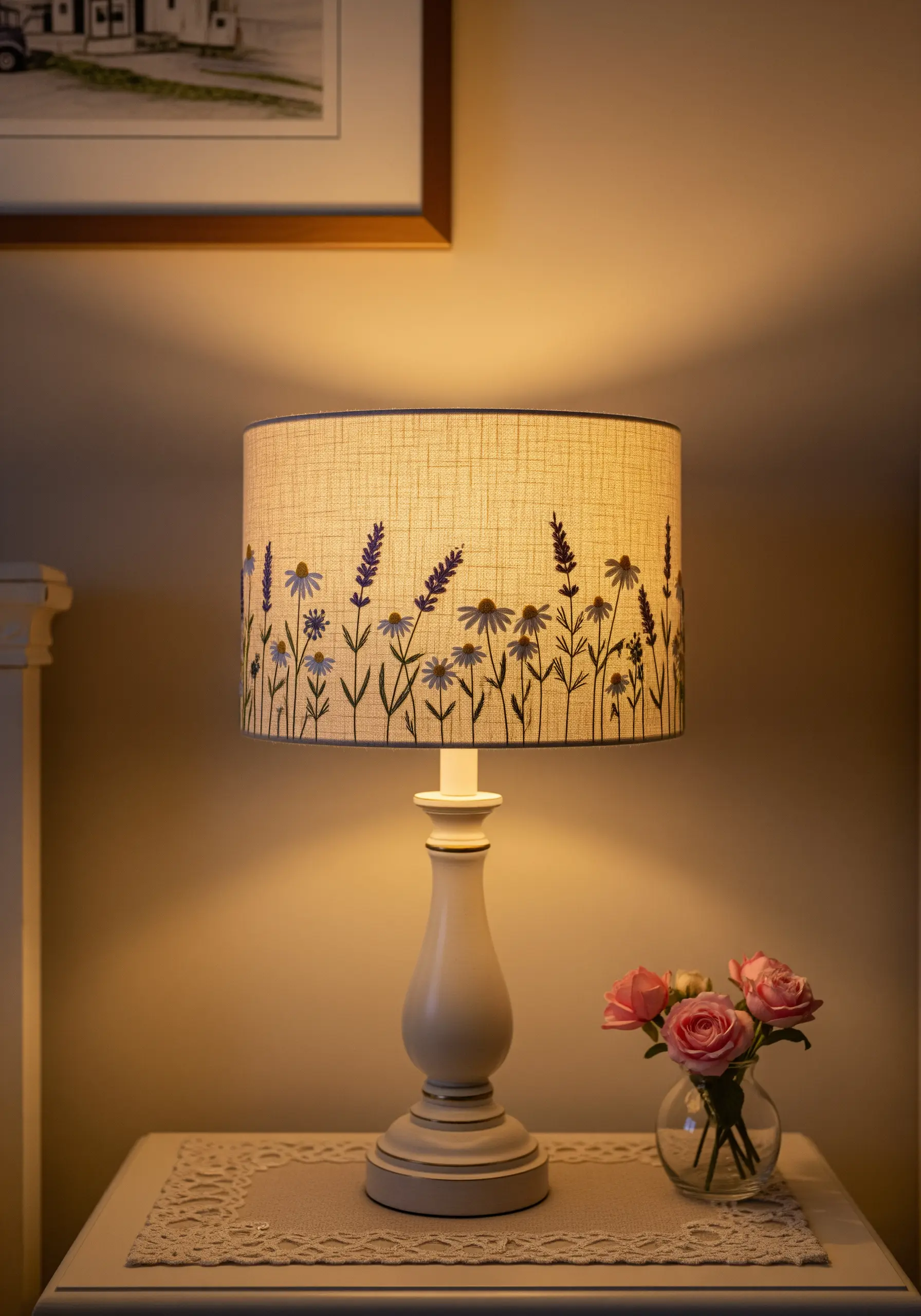 A linen lampshade with delicate wildflowers and lavender embroidered around the base.