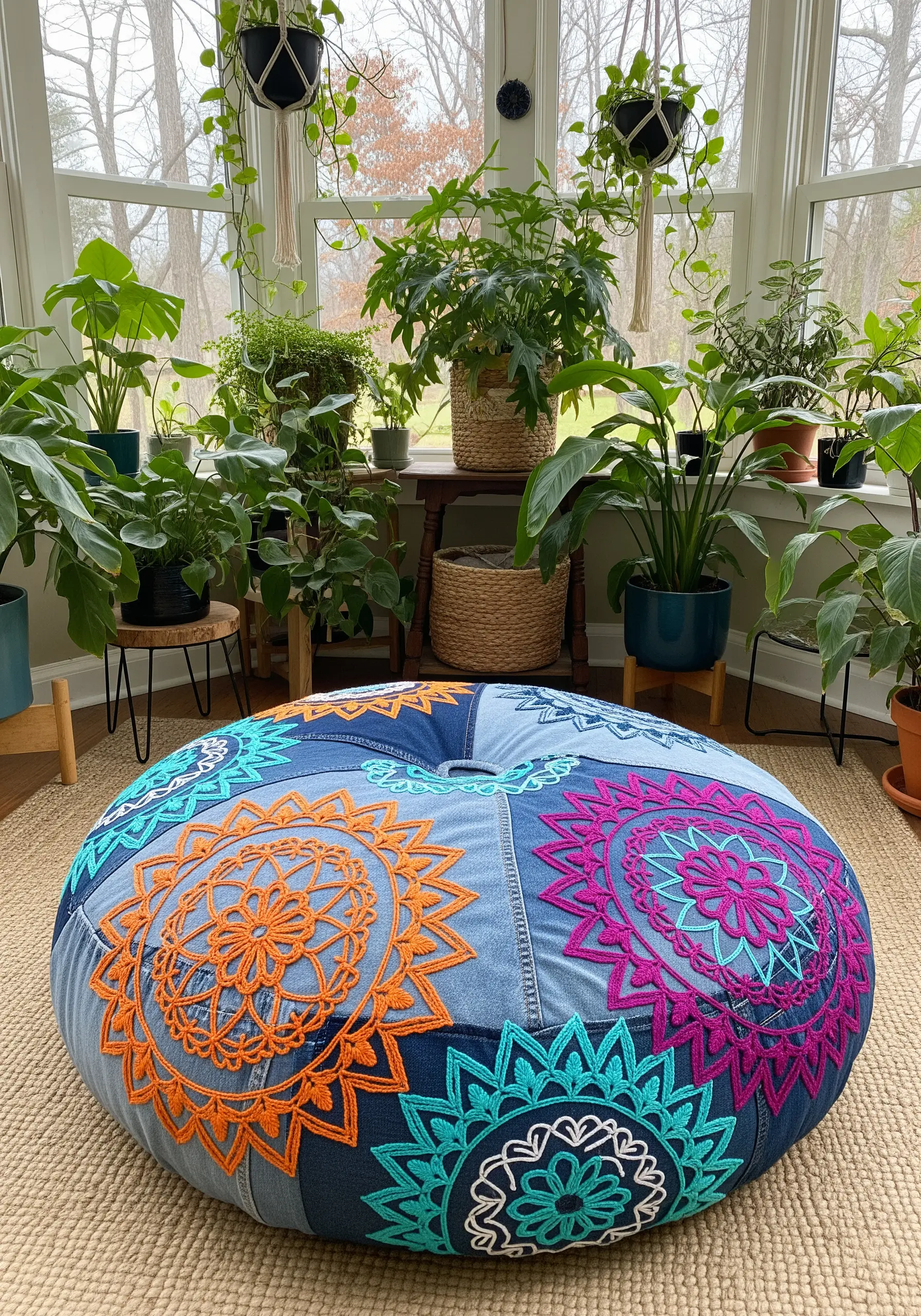 A floor pouf made from patchwork denim, embroidered with large, colorful mandala designs.