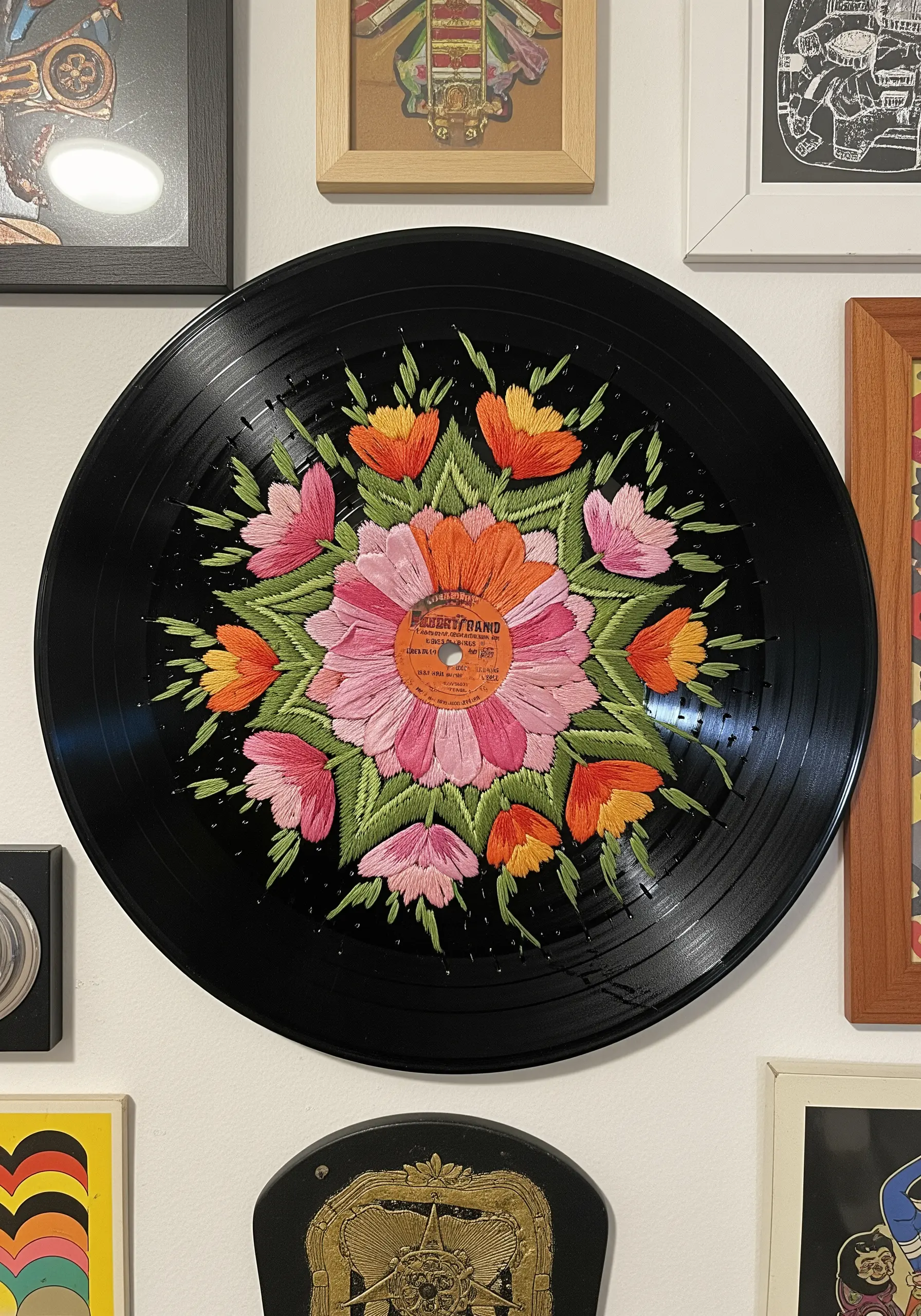 An intricate floral mandala embroidered directly onto the surface of a black vinyl record.