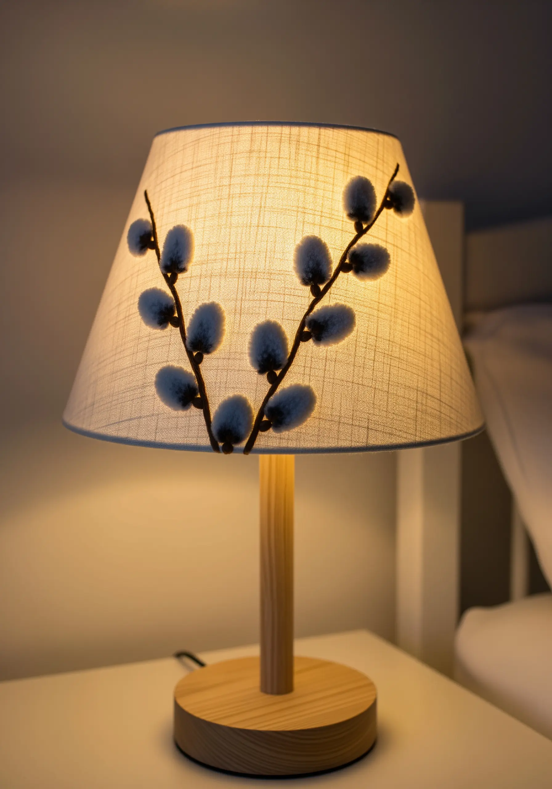 A lampshade embroidered with pussy willow branches, using fuzzy grey appliqué for the catkins.