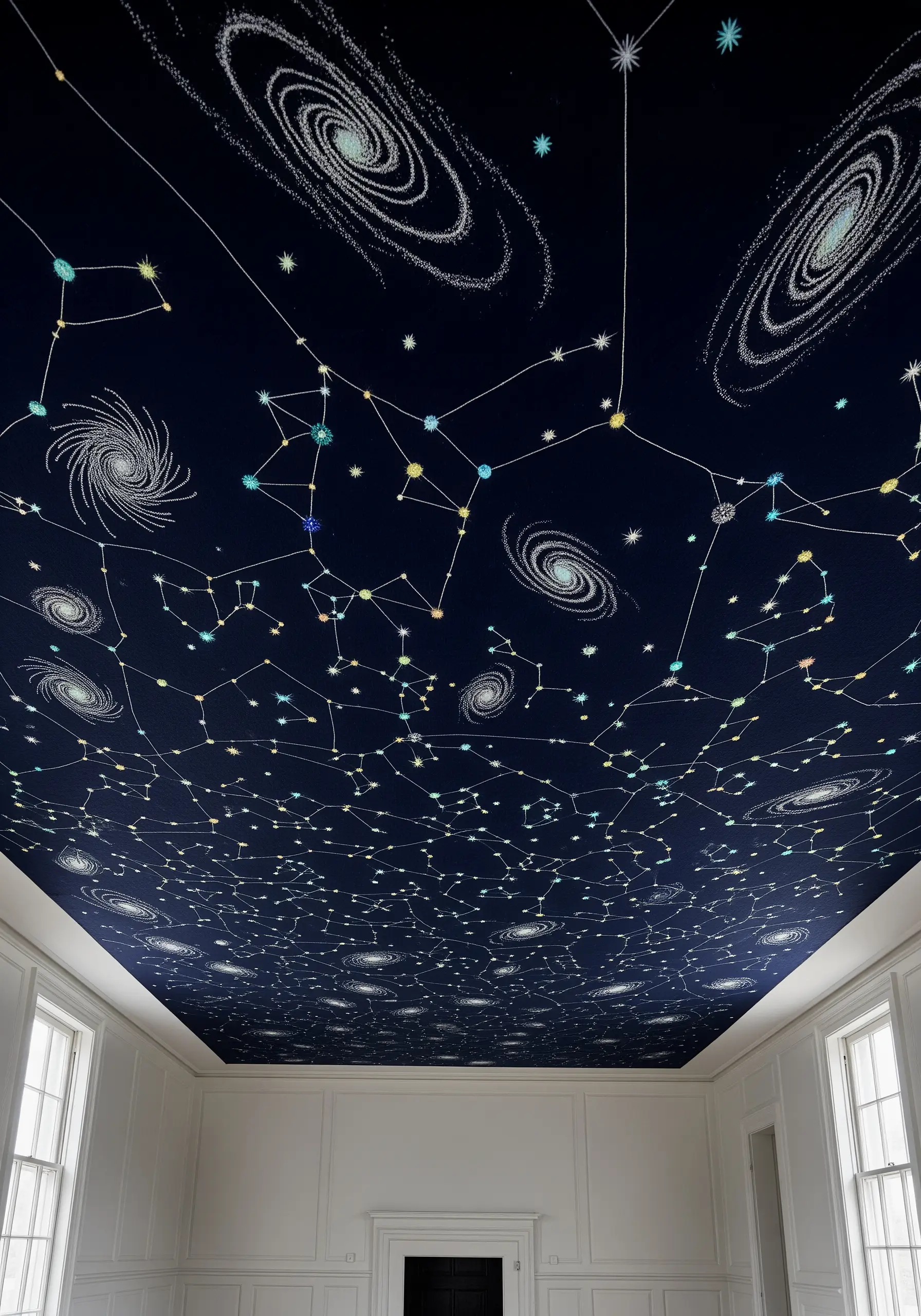 A dark blue ceiling covered in intricate embroidered constellations and swirling galaxies.