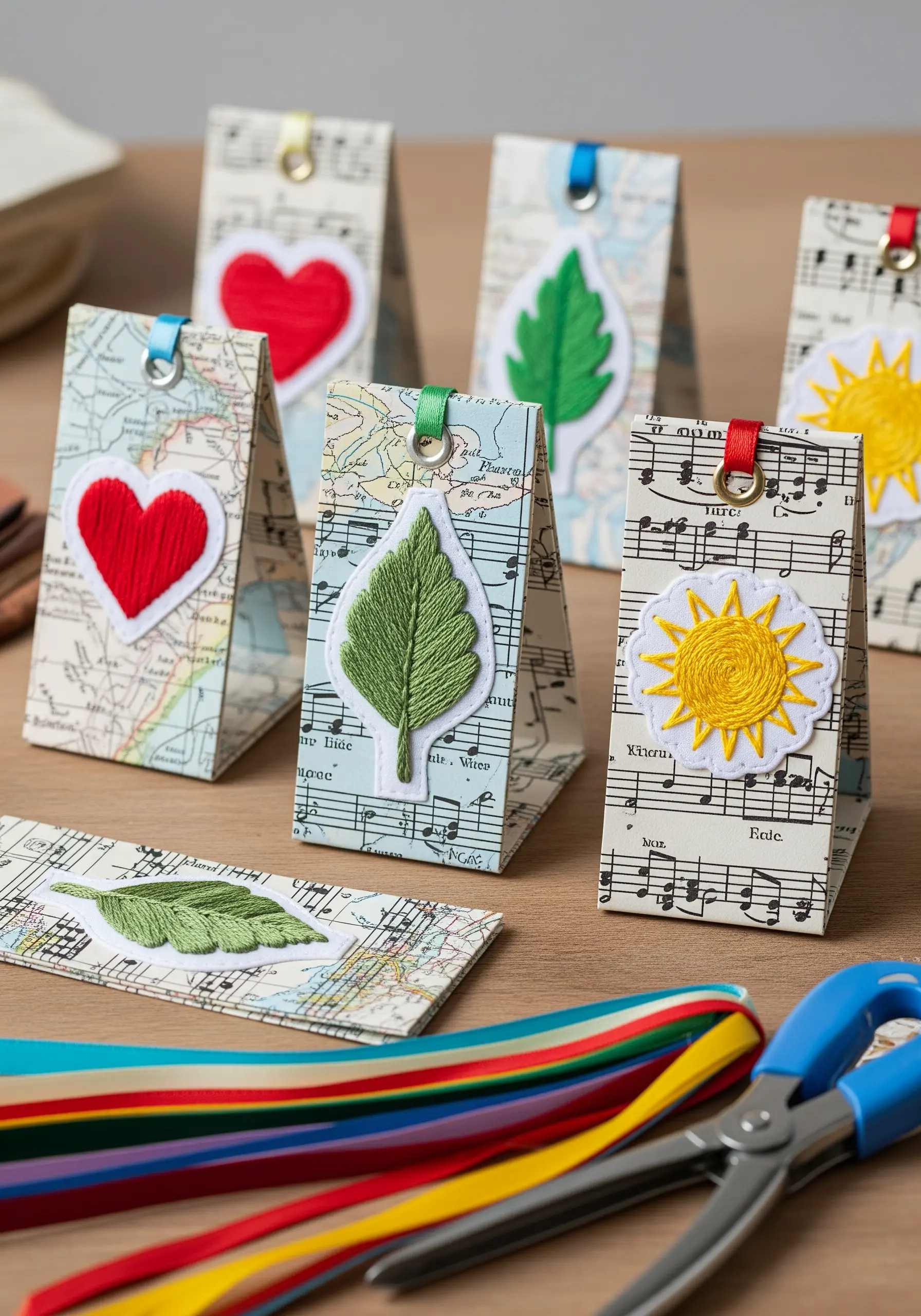 Handmade paper gift tags decorated with embroidered appliqué patches of leaves and hearts.