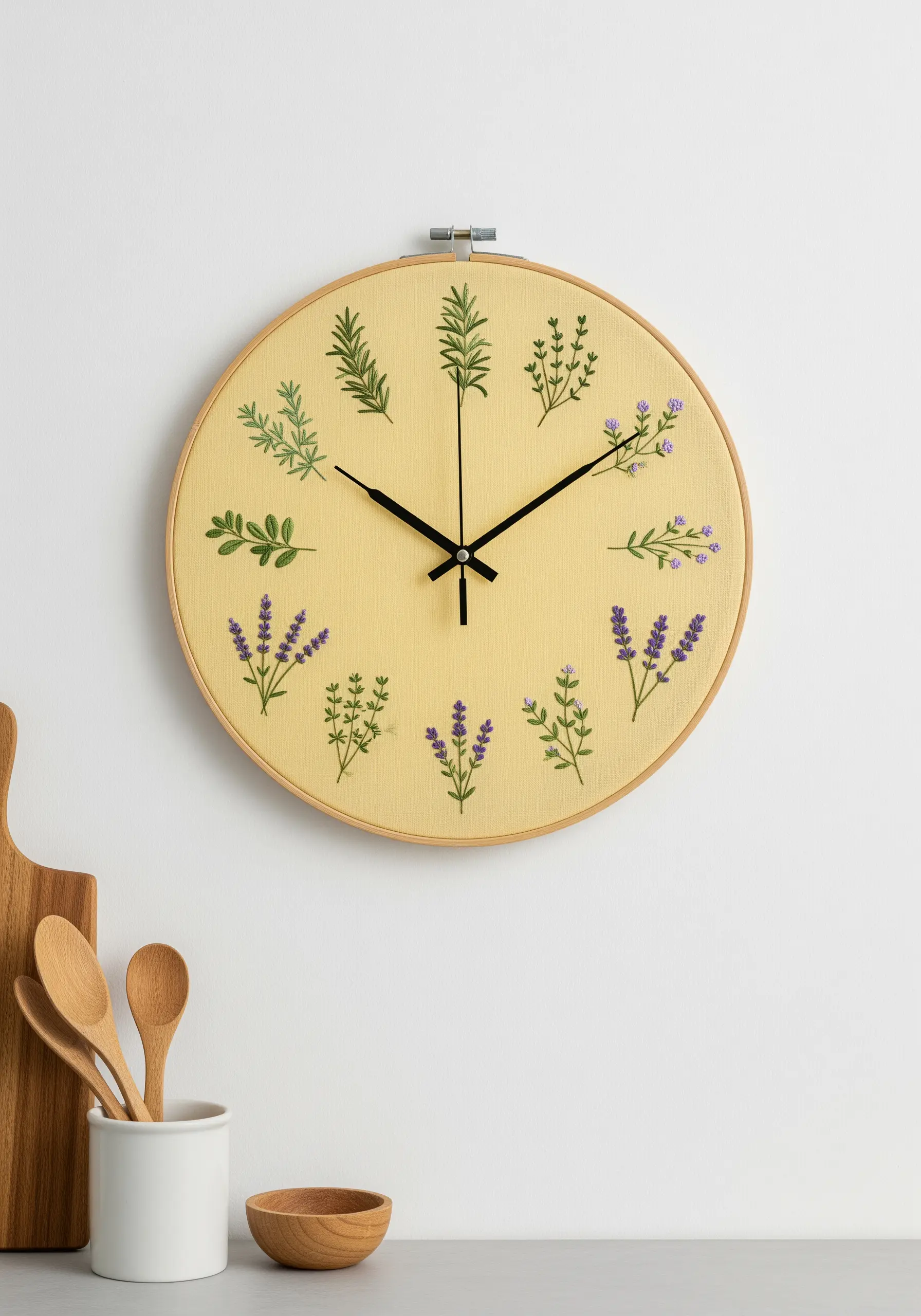 An embroidery hoop with a clock mechanism, featuring sprigs of embroidered herbs at each hour mark.