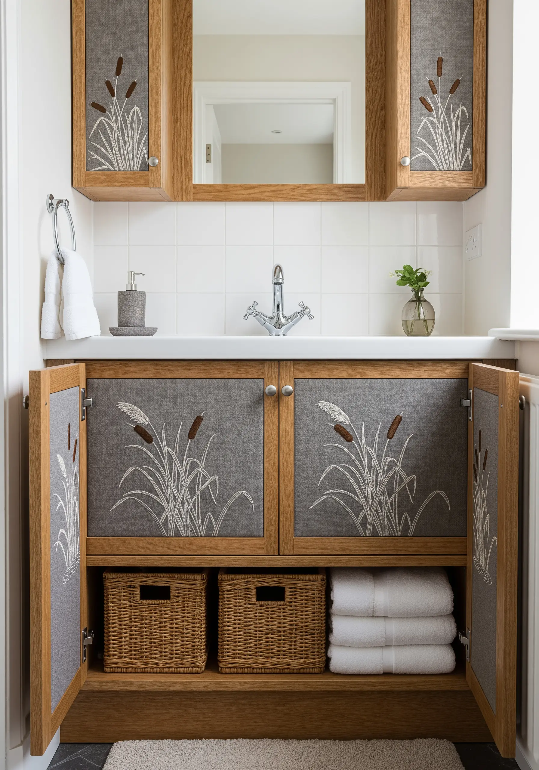 Bathroom cabinet doors with fabric panels embroidered with cattail motifs.