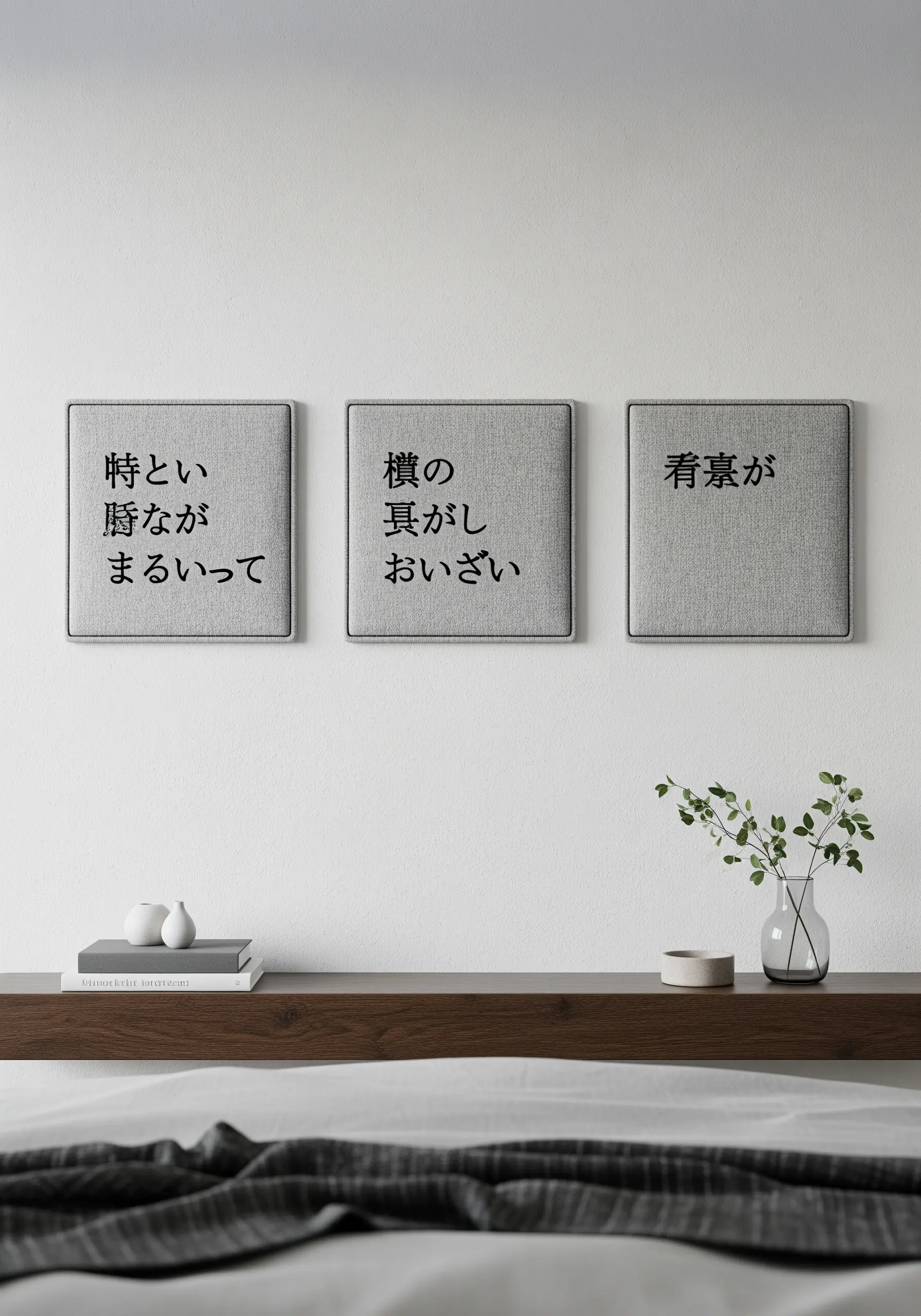 Three framed panels with embroidered Japanese calligraphy on grey linen fabric.
