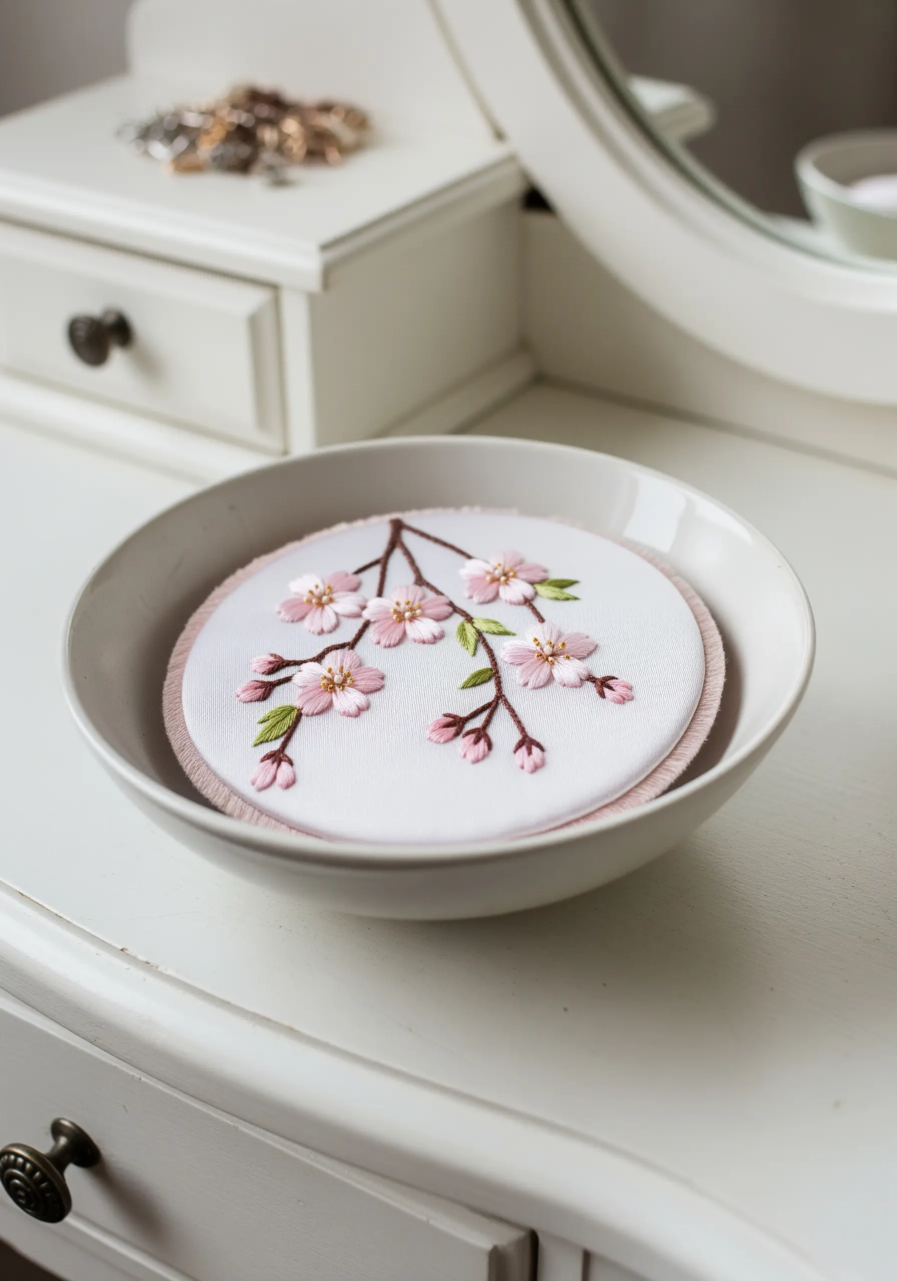 A small, round embroidered piece with cherry blossoms sitting inside a white ceramic bowl.
