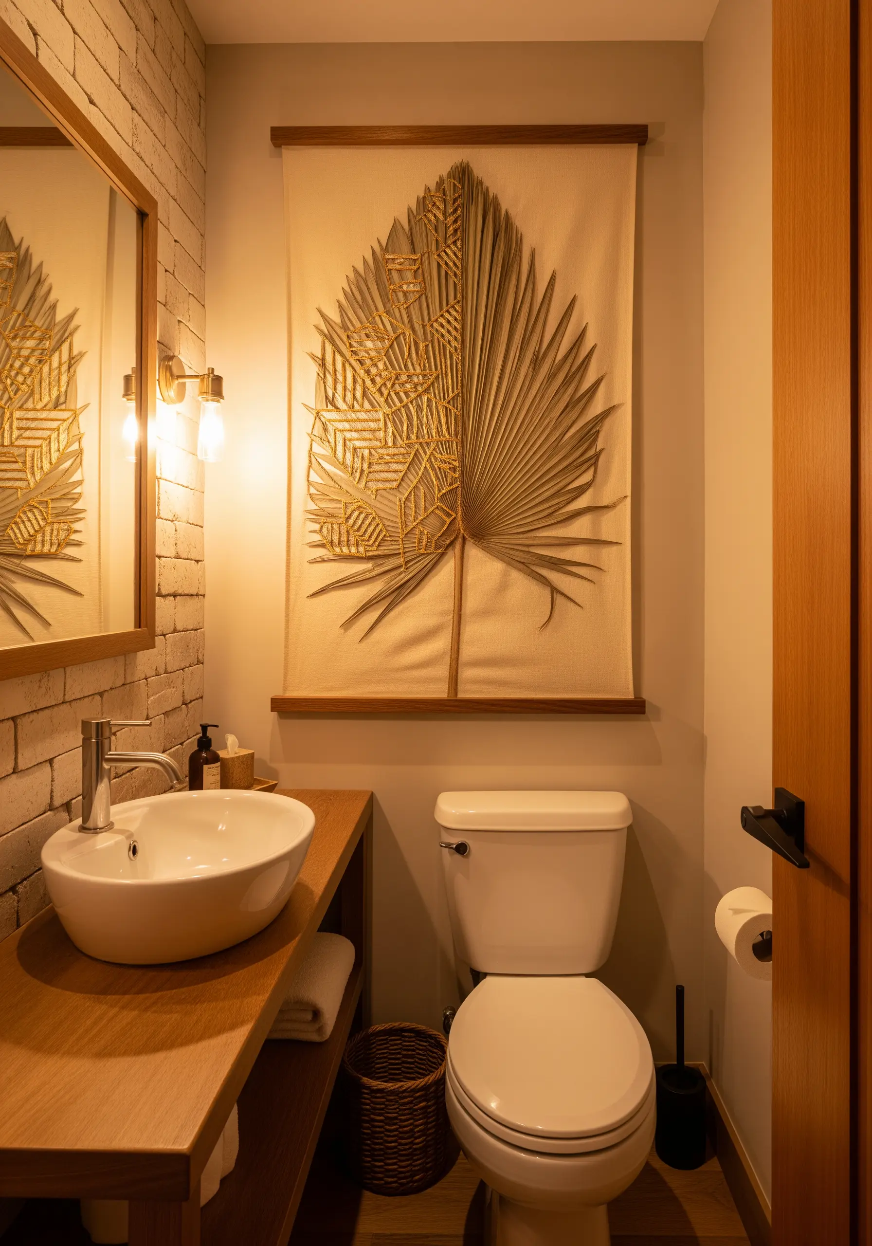 A large dried palm leaf hanging on a wall, embellished with geometric embroidery patterns.