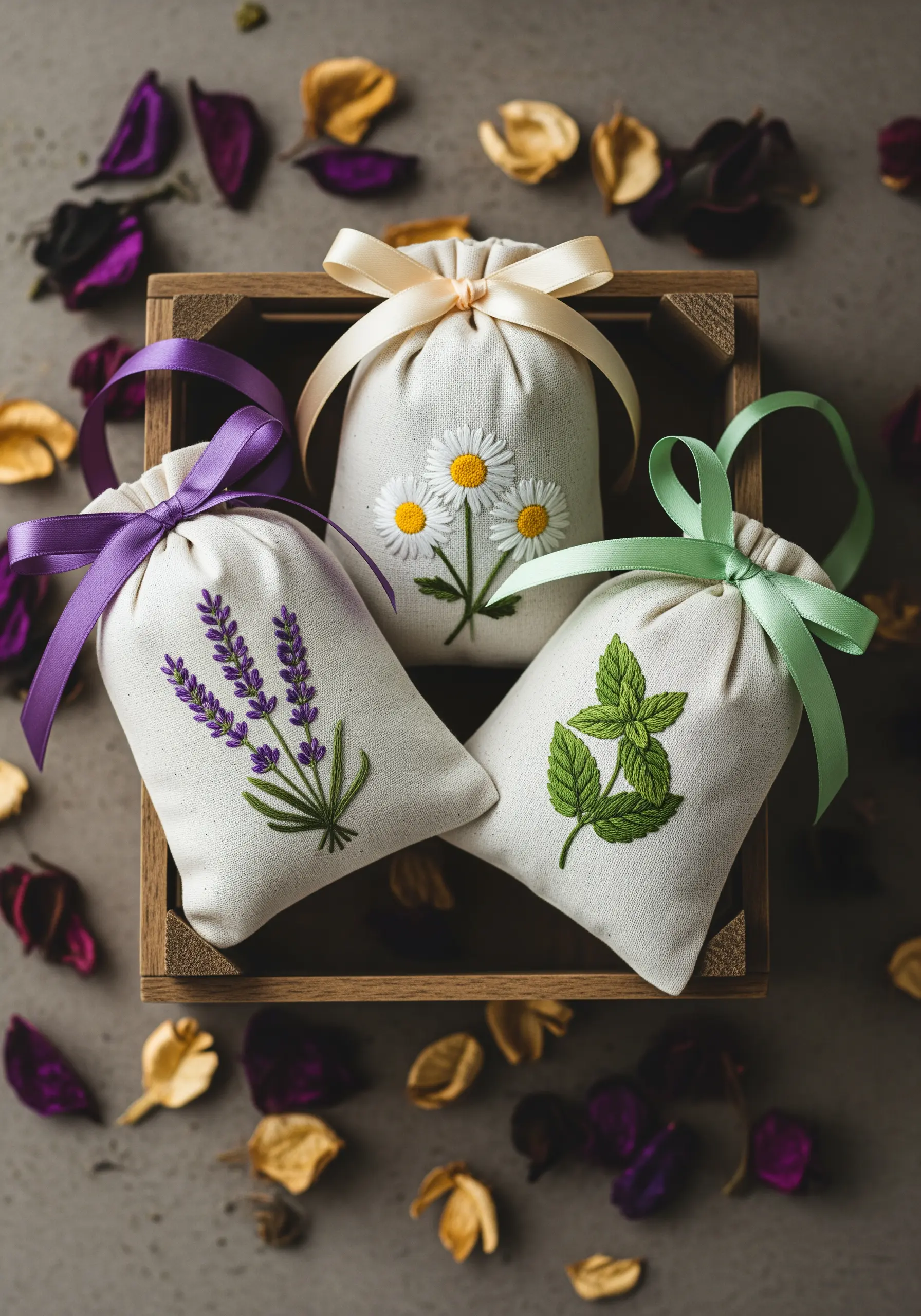Three linen sachets embroidered with lavender, mint, and daisies, tied with colorful ribbons.