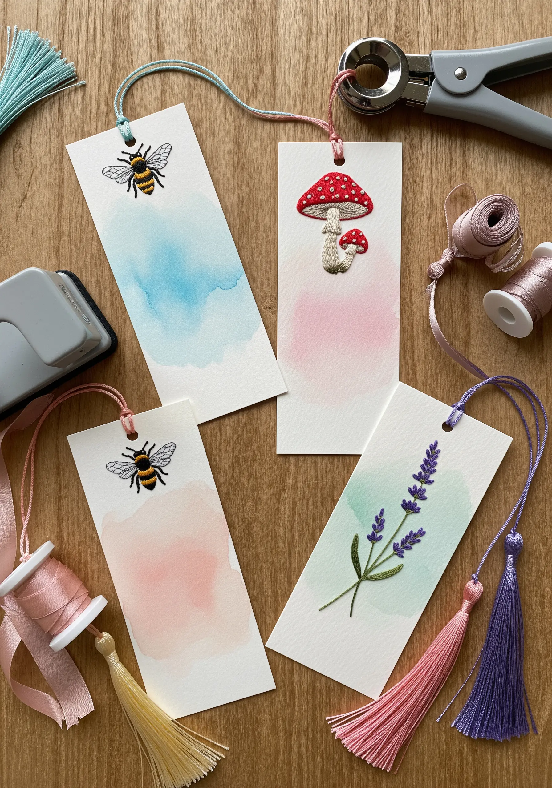 Watercolor paper bookmarks with embroidered bee, mushroom, and lavender designs.