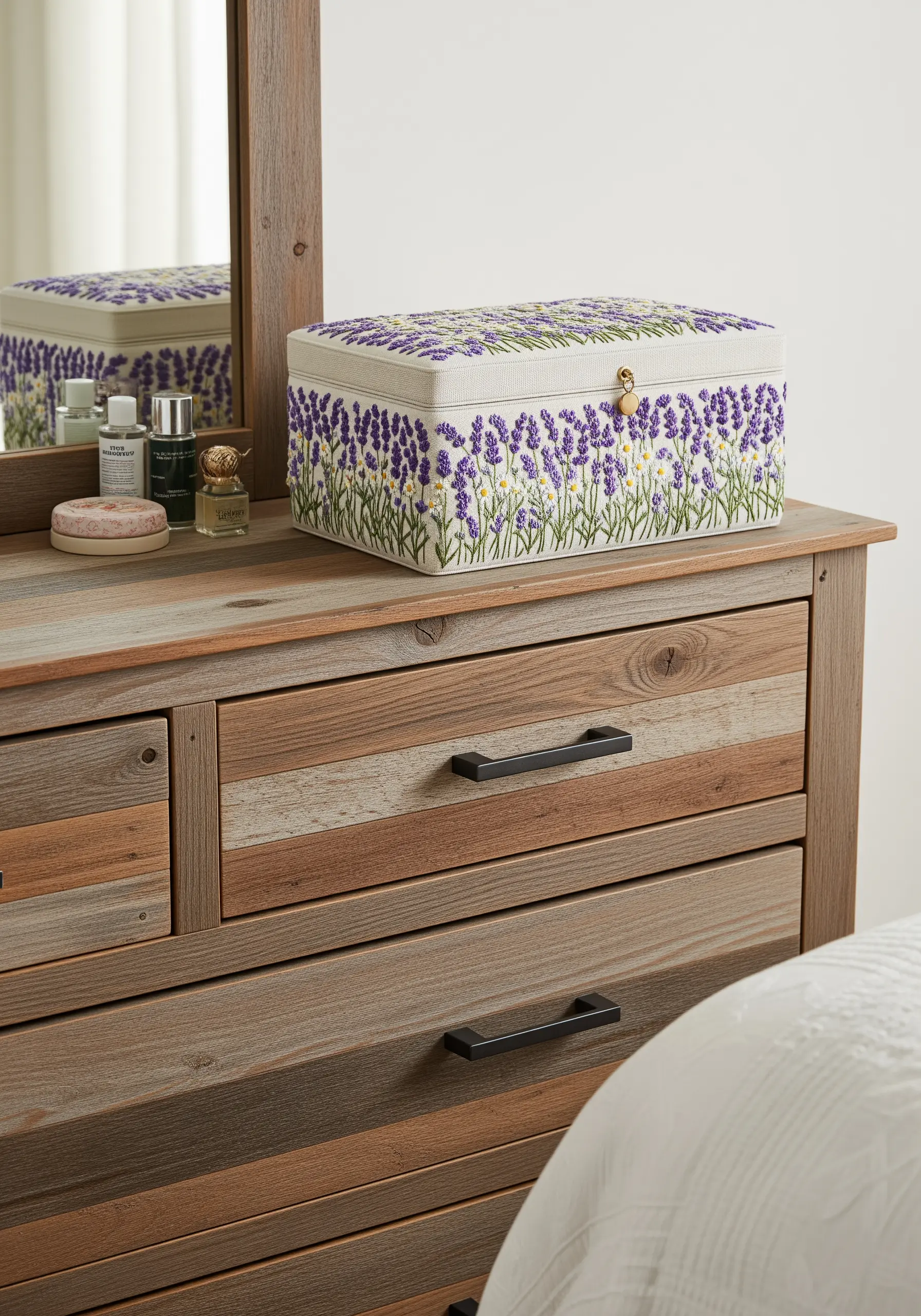 A fabric-covered keepsake box on a wooden dresser, embroidered with a field of lavender and daisies.